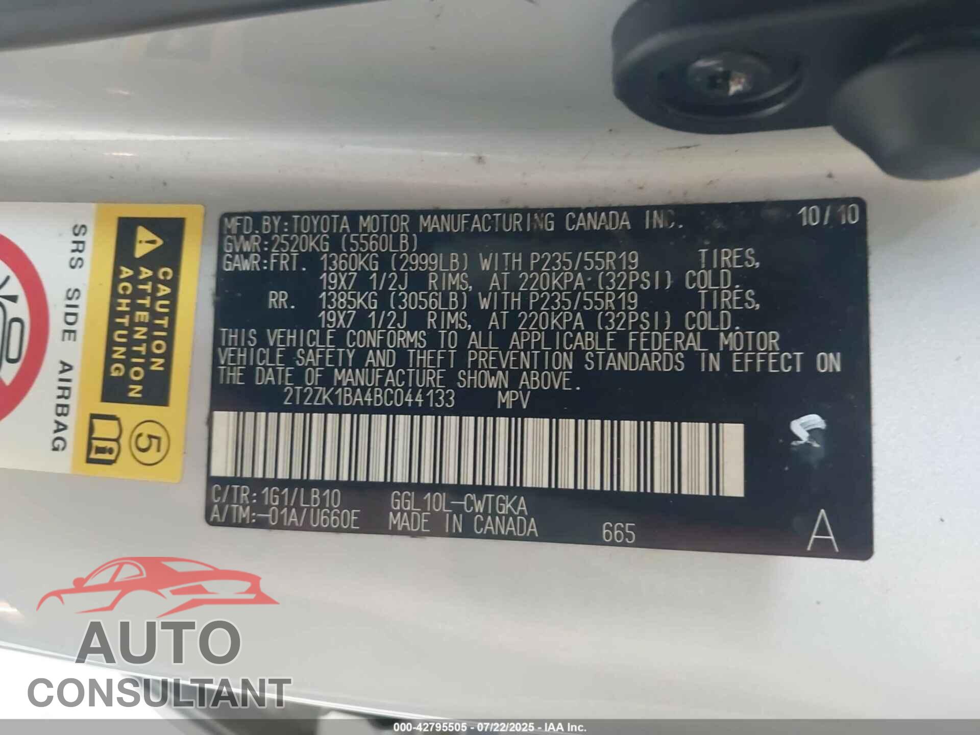 LEXUS RX 350 2011 - 2T2ZK1BA4BC044133