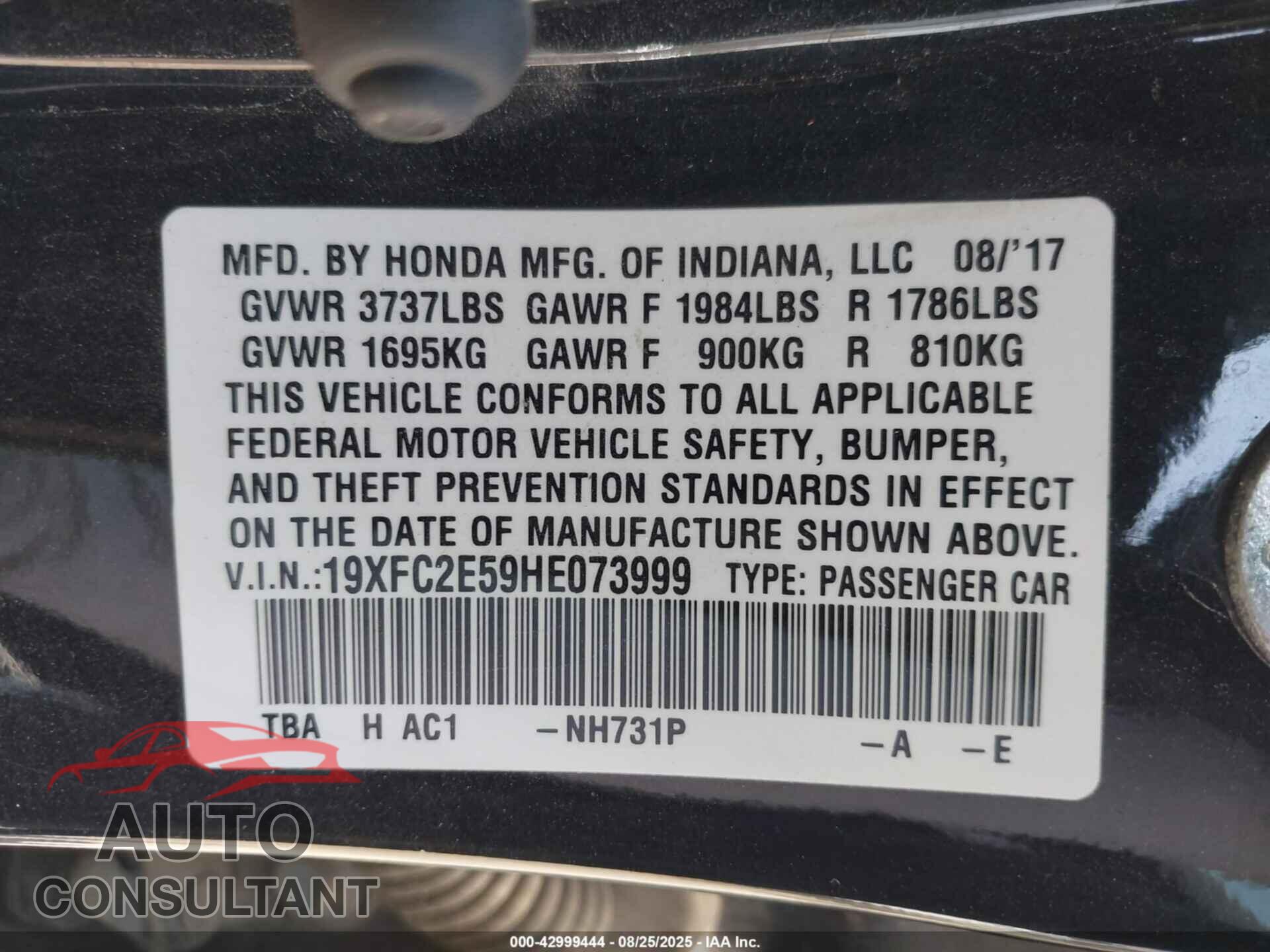 HONDA CIVIC 2017 - 19XFC2E59HE073999