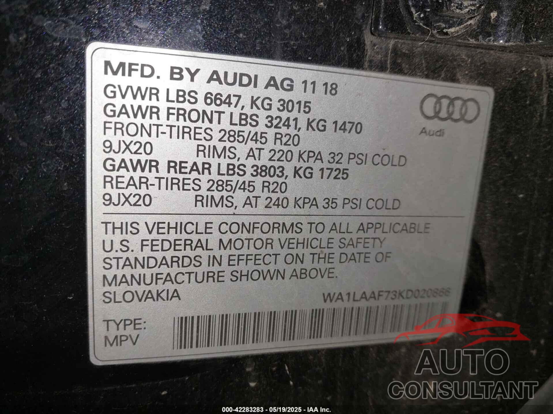 AUDI Q7 2019 - WA1LAAF73KD020866