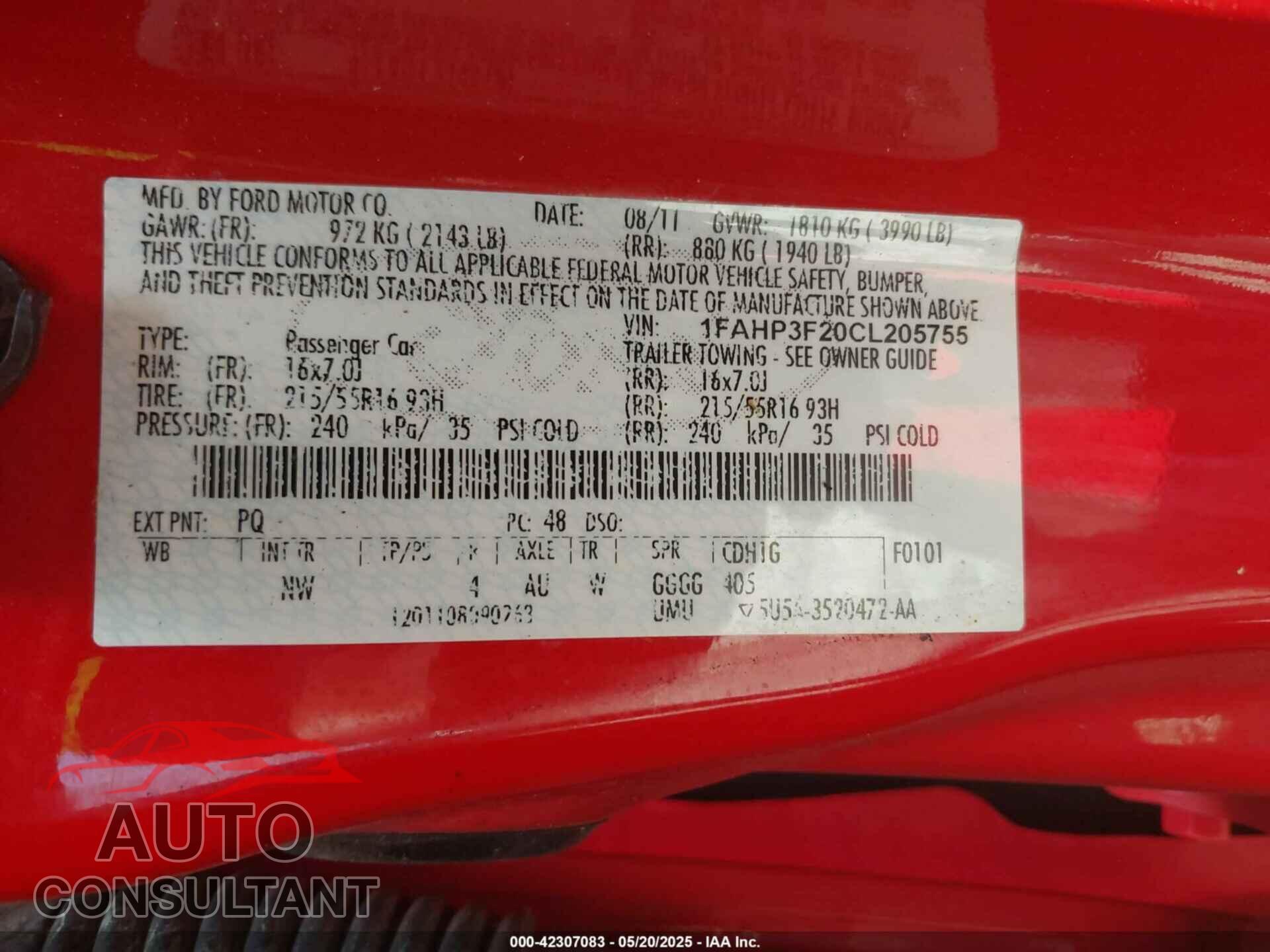 FORD FOCUS 2012 - 1FAHP3F20CL205755