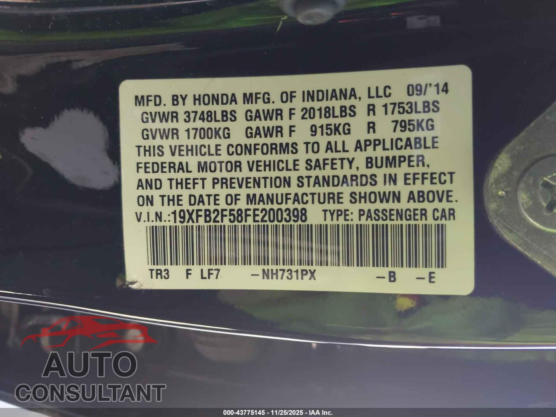 HONDA CIVIC 2015 - 19XFB2F58FE200398
