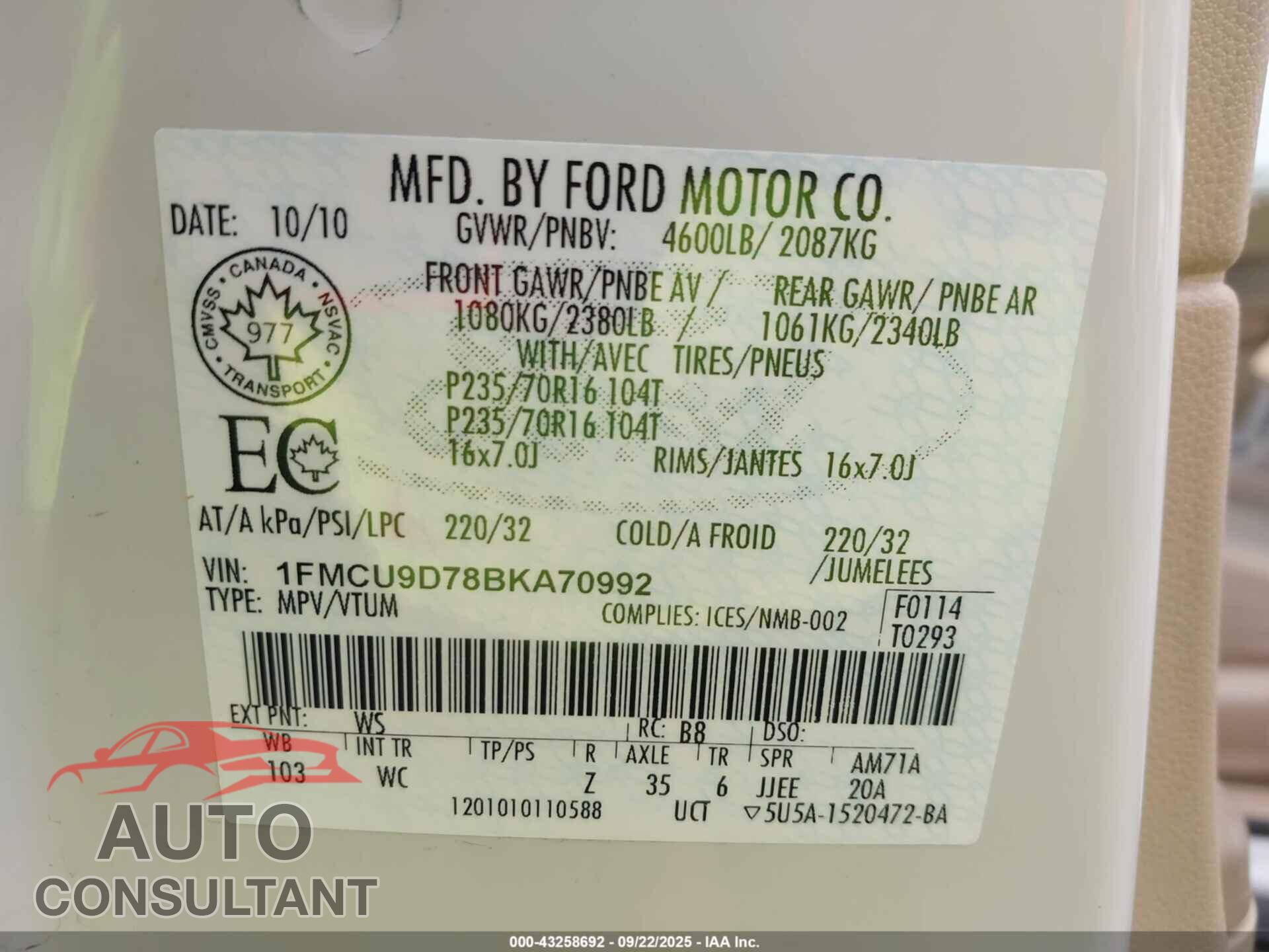 FORD ESCAPE 2011 - 1FMCU9D78BKA70992