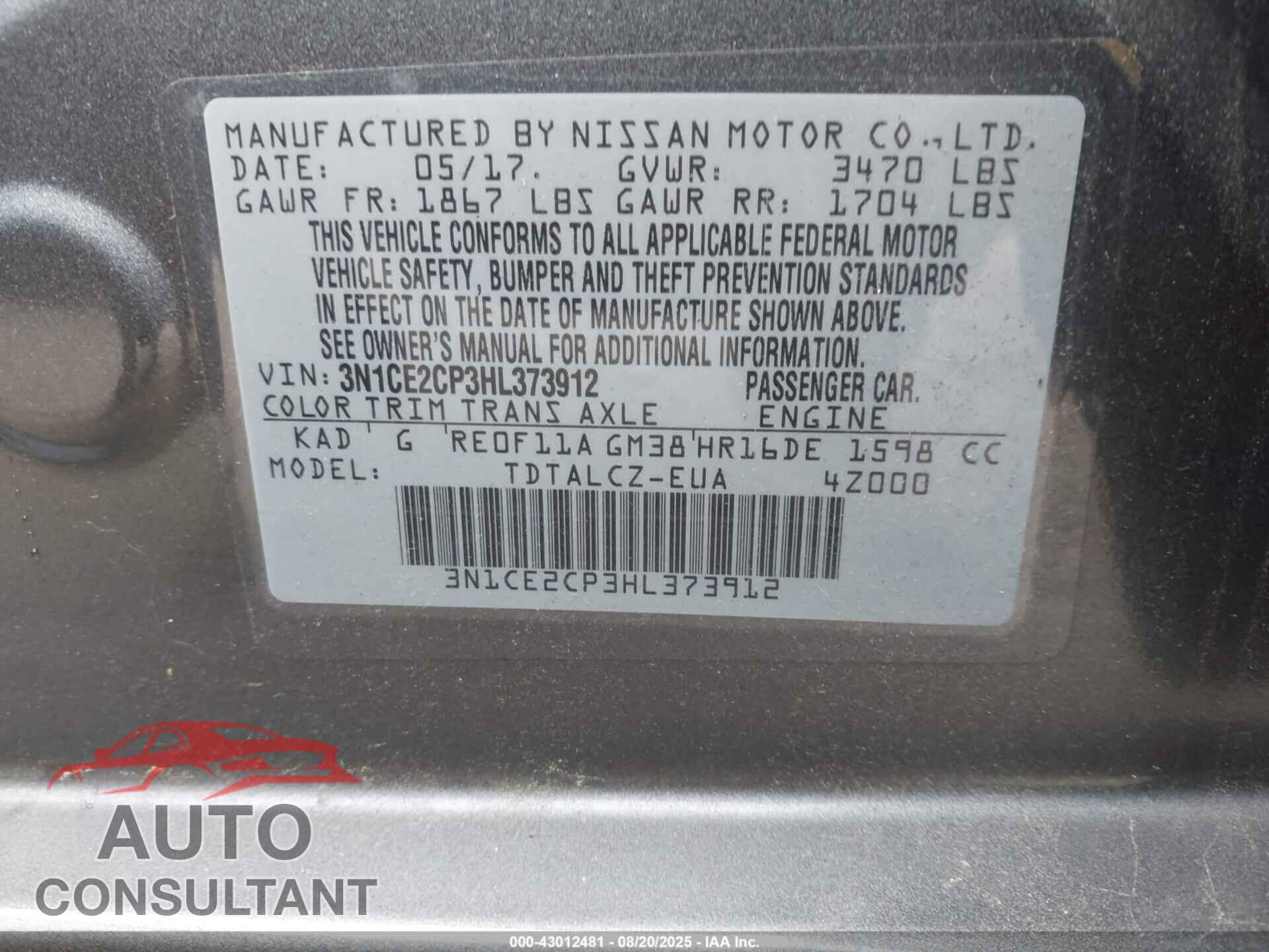 NISSAN VERSA NOTE 2017 - 3N1CE2CP3HL373912