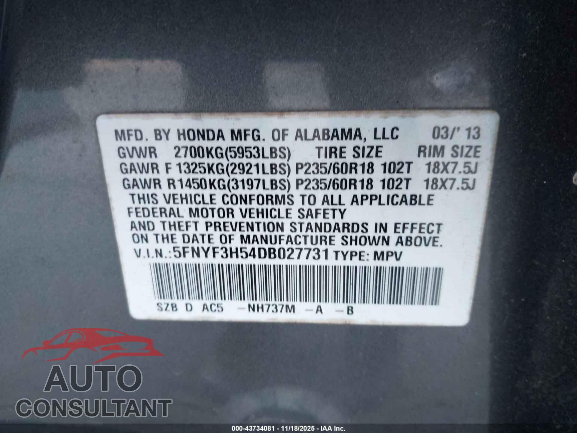 HONDA PILOT 2013 - 5FNYF3H54DB027731