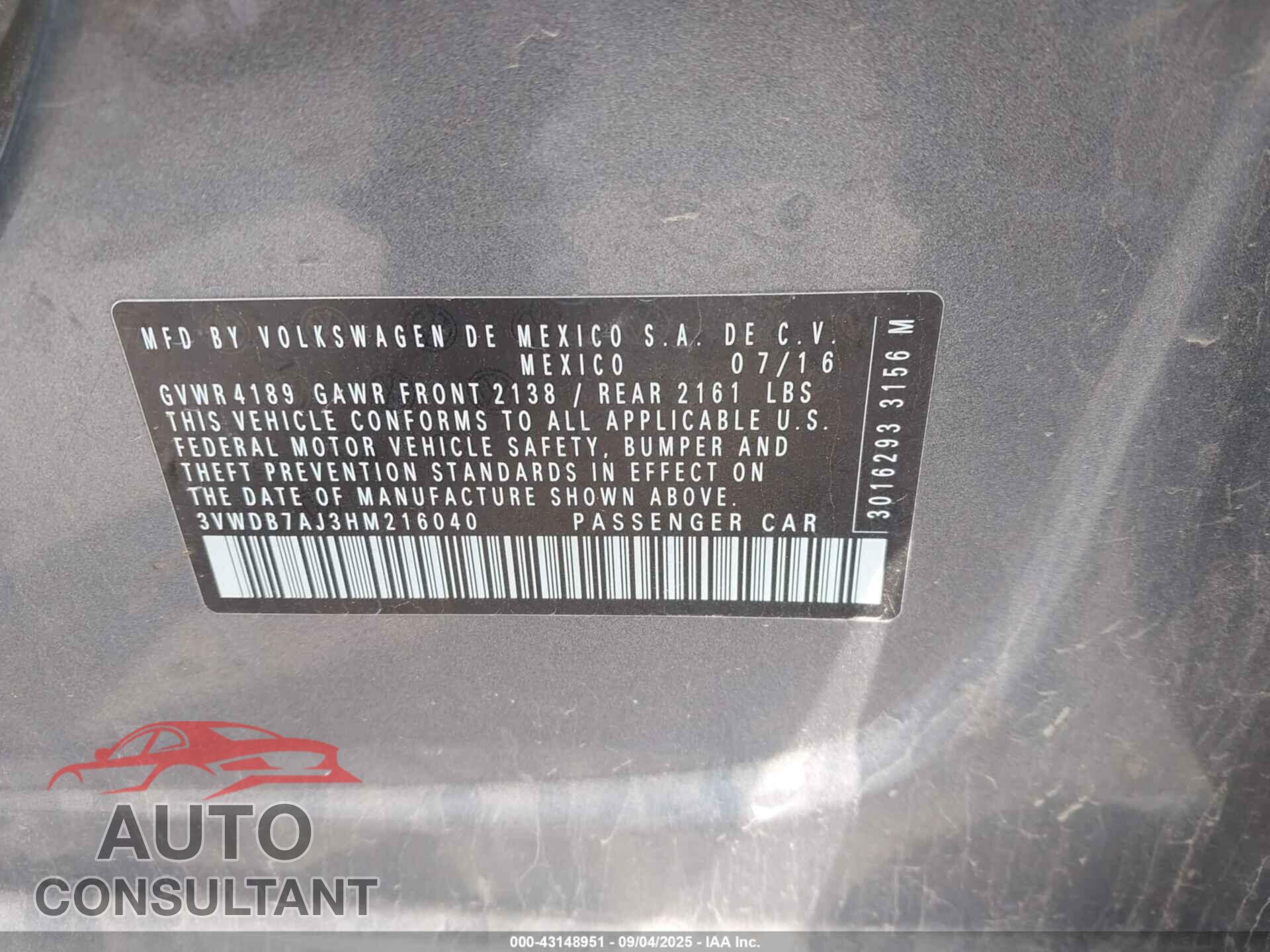 VOLKSWAGEN JETTA 2017 - 3VWDB7AJ3HM216040