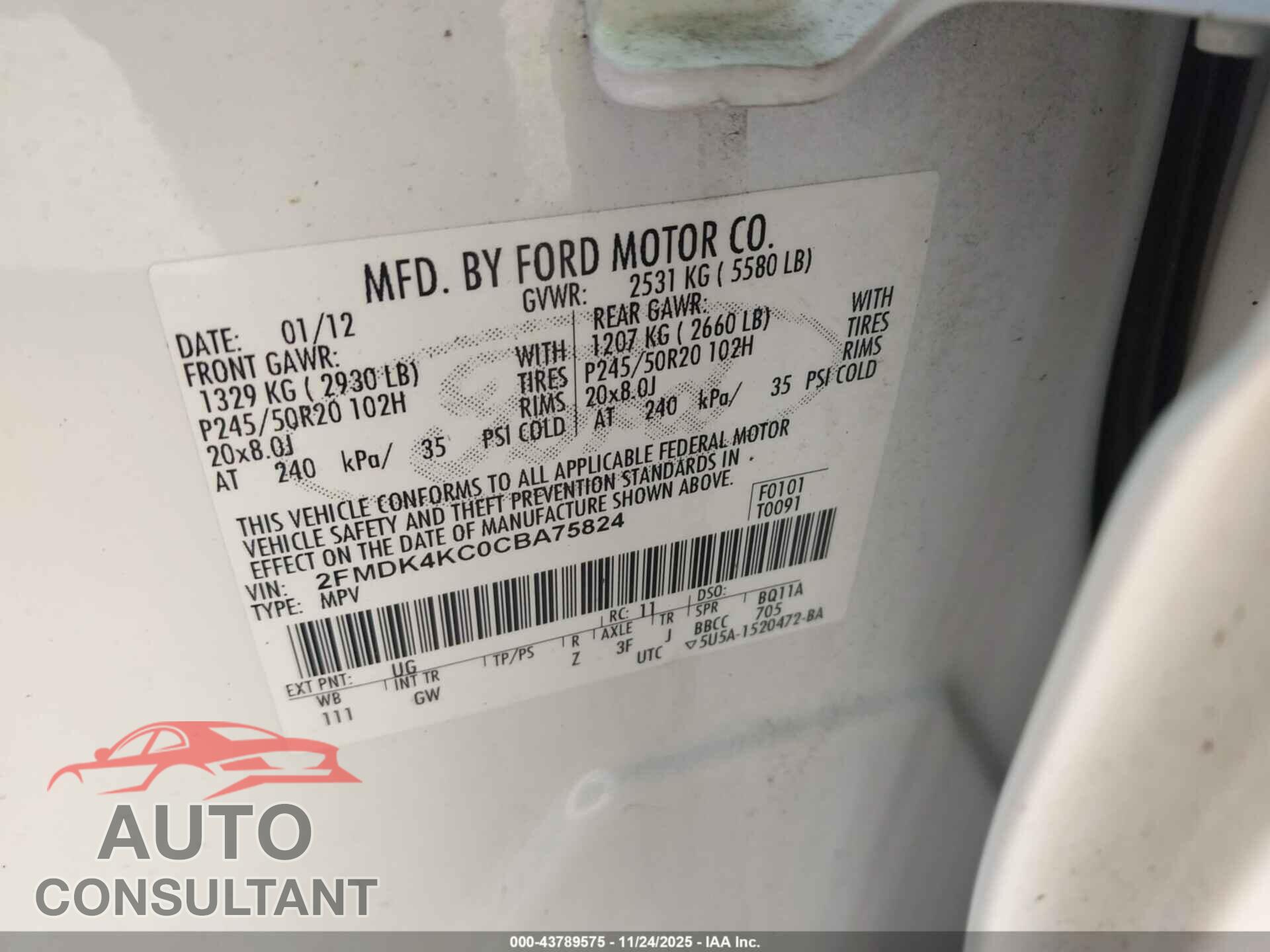 FORD EDGE 2012 - 2FMDK4KC0CBA75824