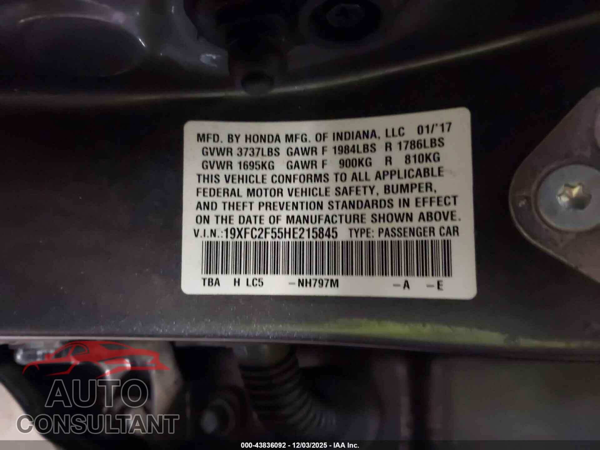 HONDA CIVIC 2017 - 19XFC2F55HE215845