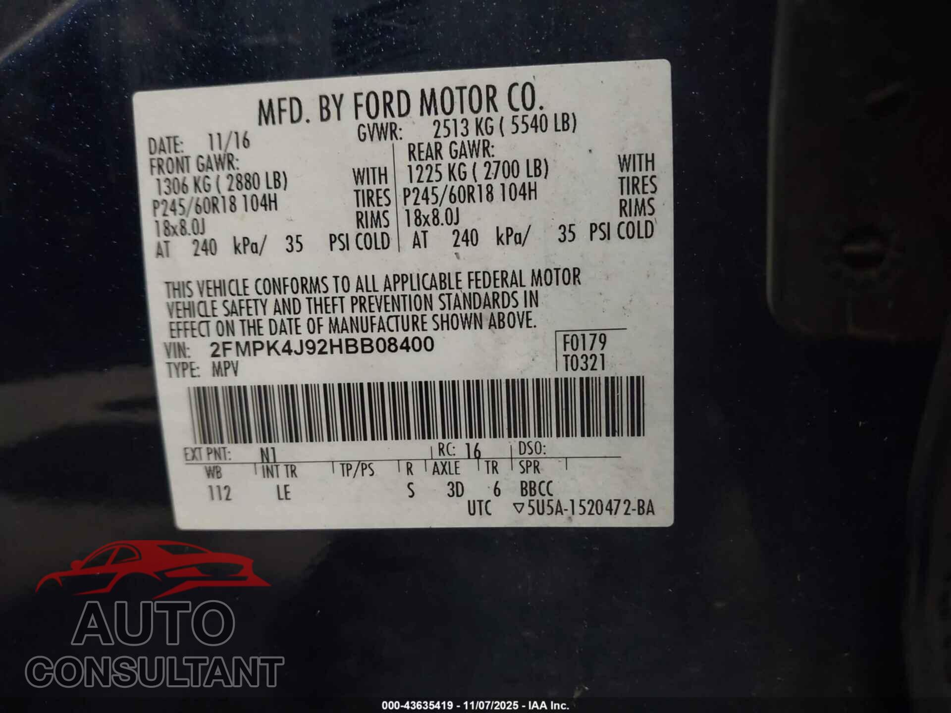 FORD EDGE 2017 - 2FMPK4J92HBB08400