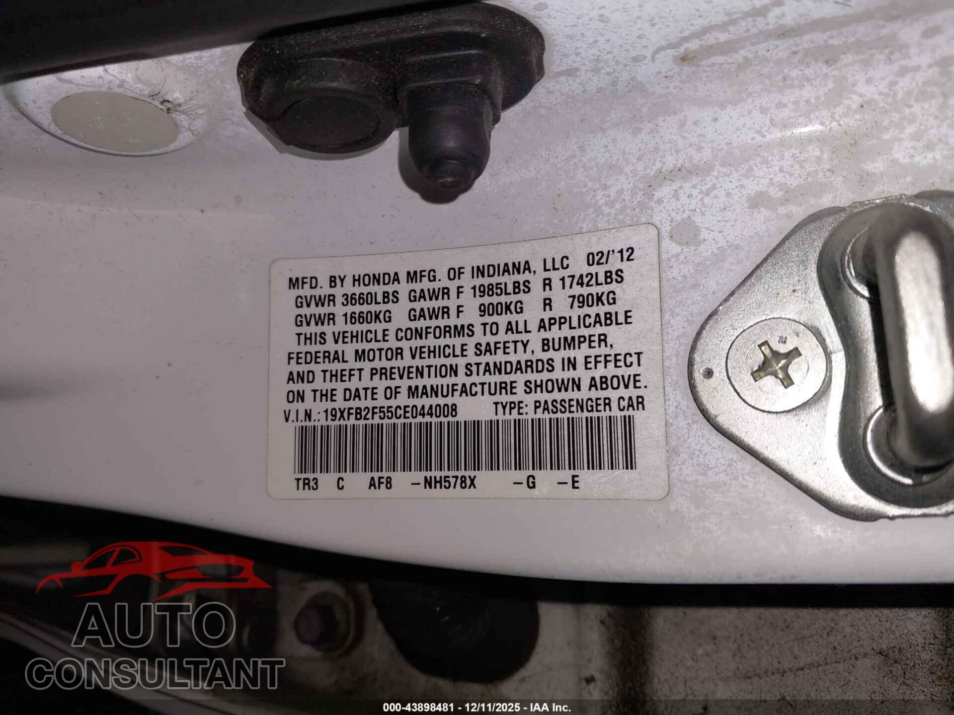 HONDA CIVIC 2012 - 19XFB2F55CE044008