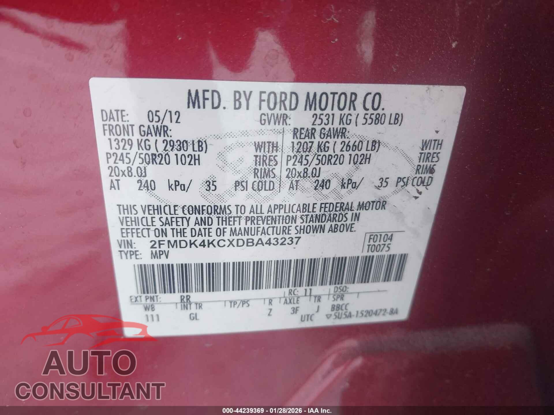FORD EDGE 2013 - 2FMDK4KCXDBA43237