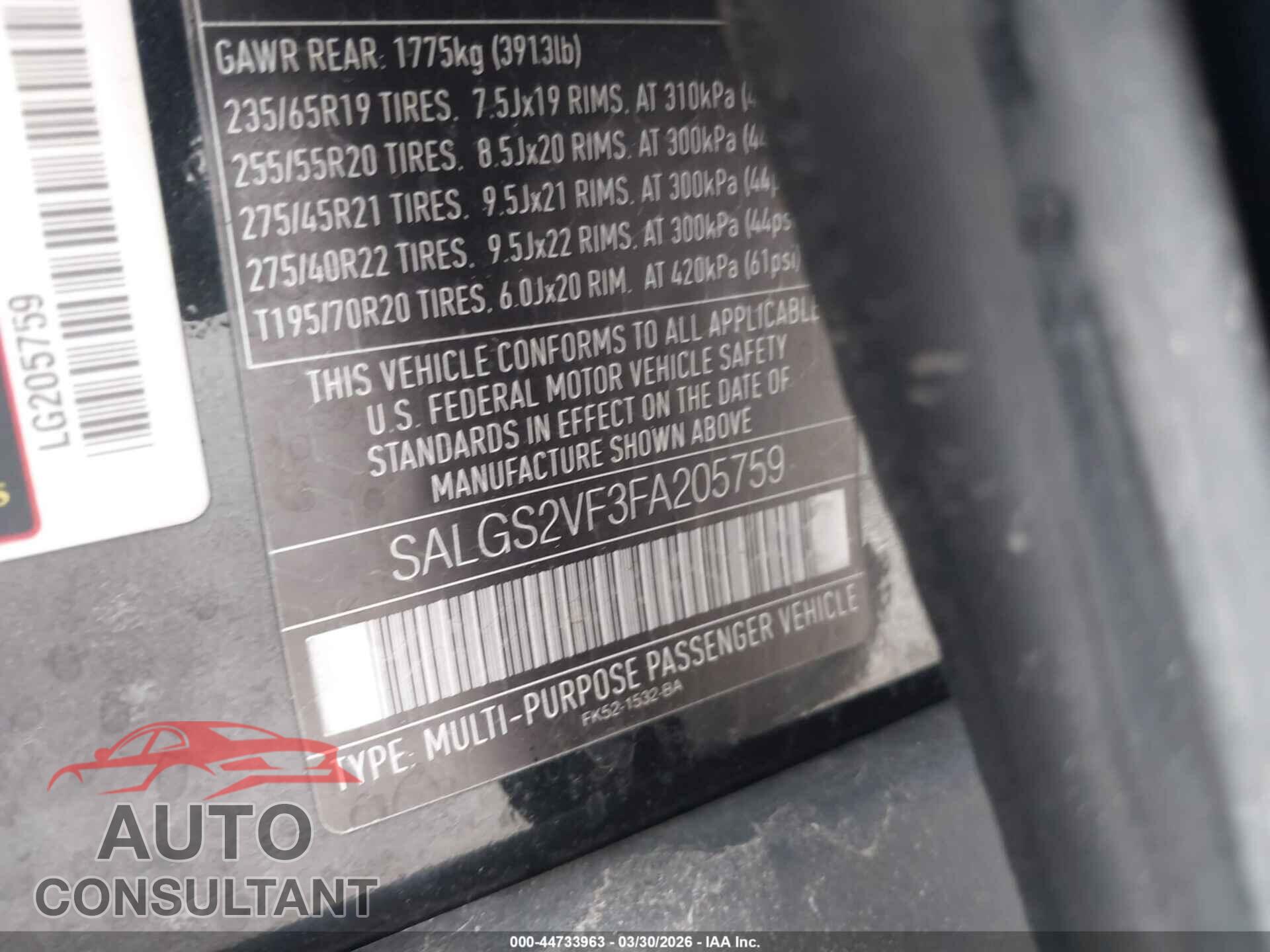 LAND ROVER RANGE ROVER 2015 - SALGS2VF3FA205759