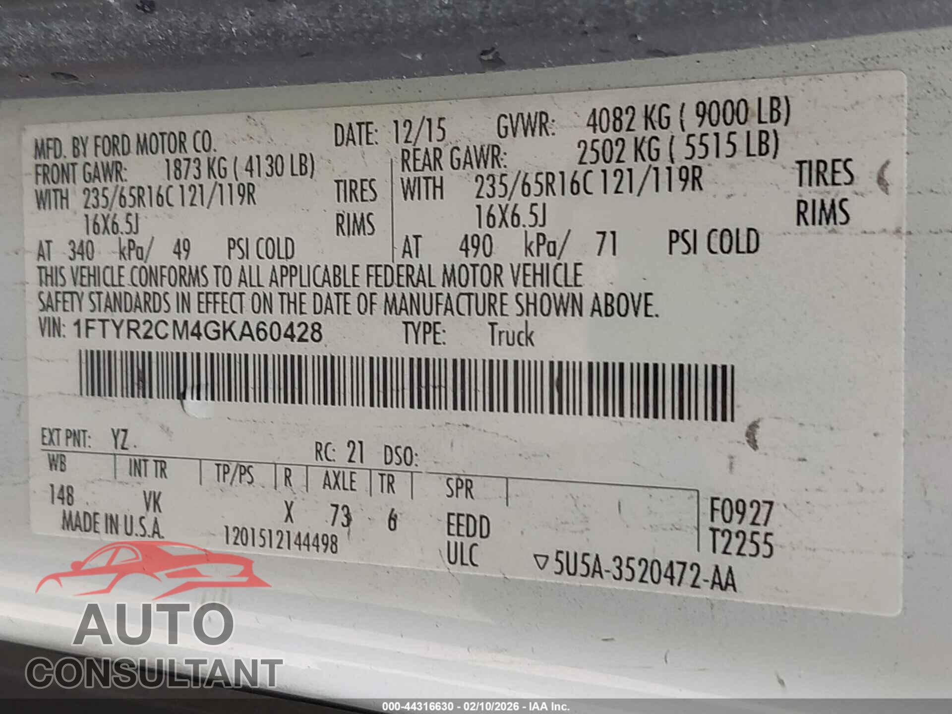 FORD TRANSIT-250 2016 - 1FTYR2CM4GKA60428
