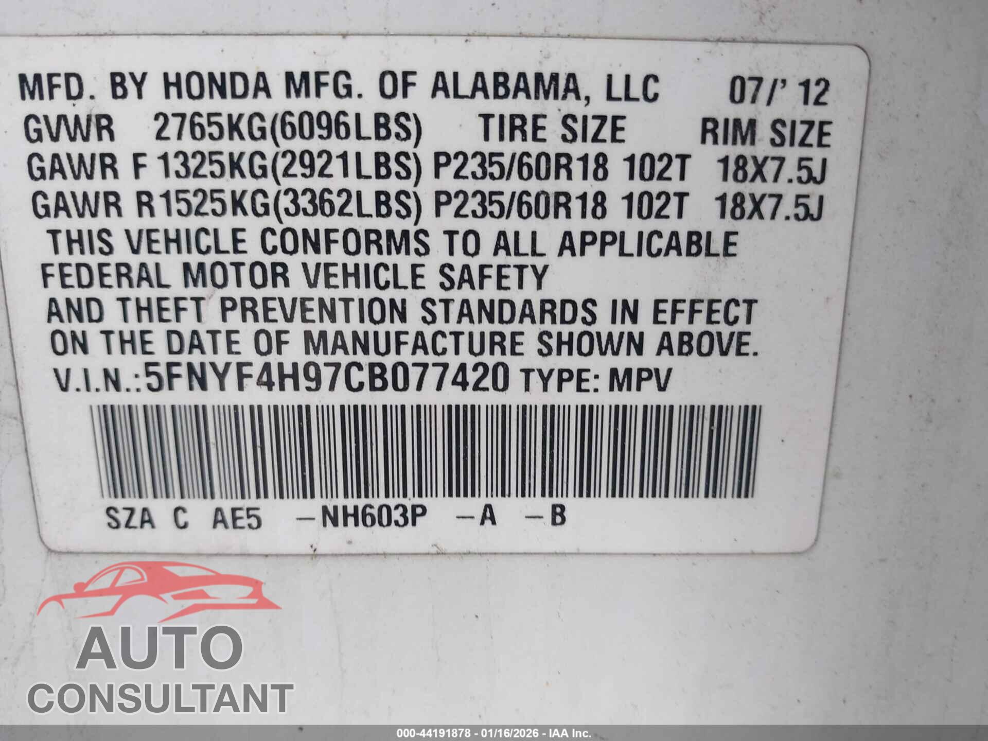 HONDA PILOT 2012 - 5FNYF4H97CB077420