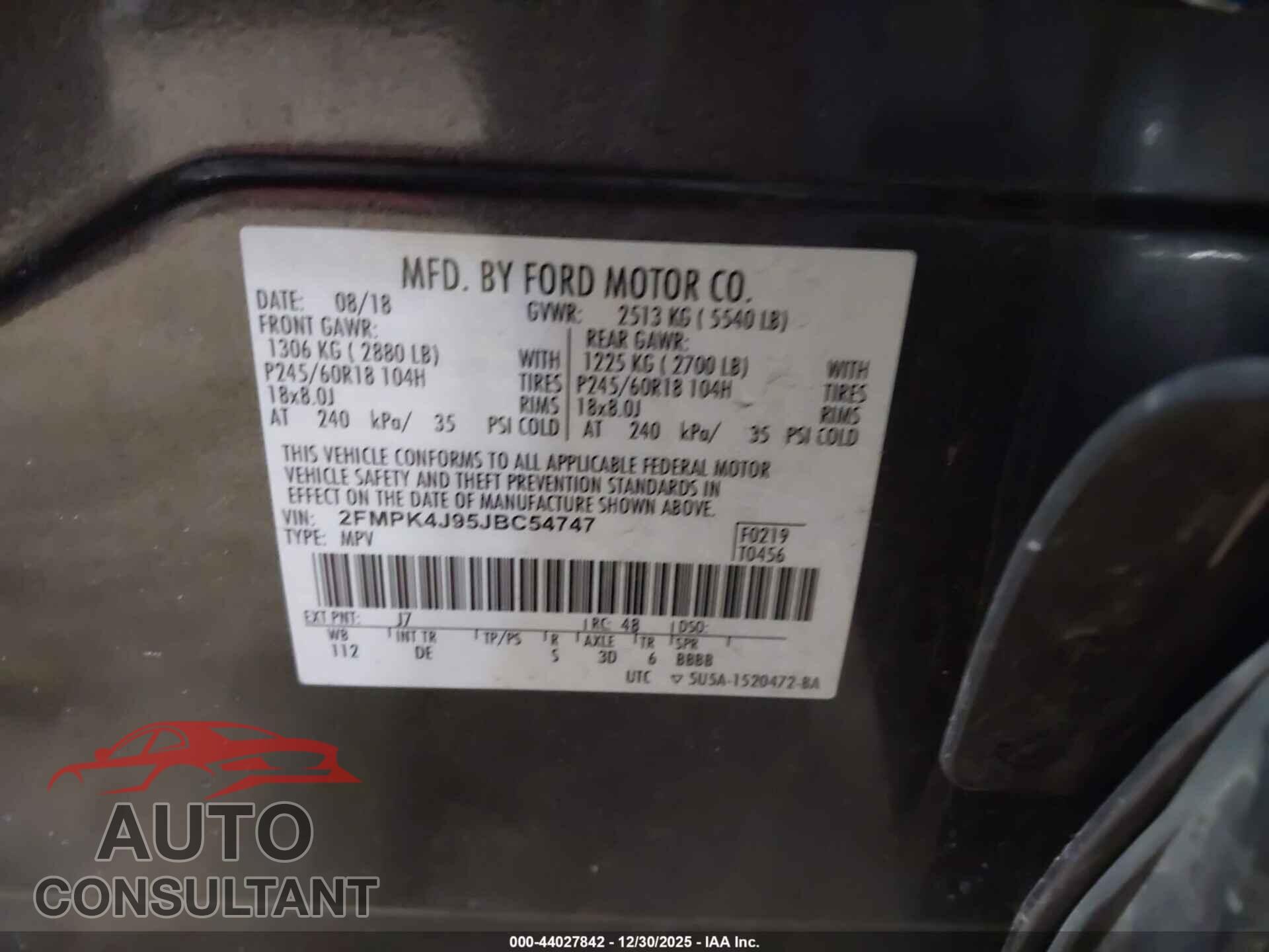 FORD EDGE 2018 - 2FMPK4J95JBC54747