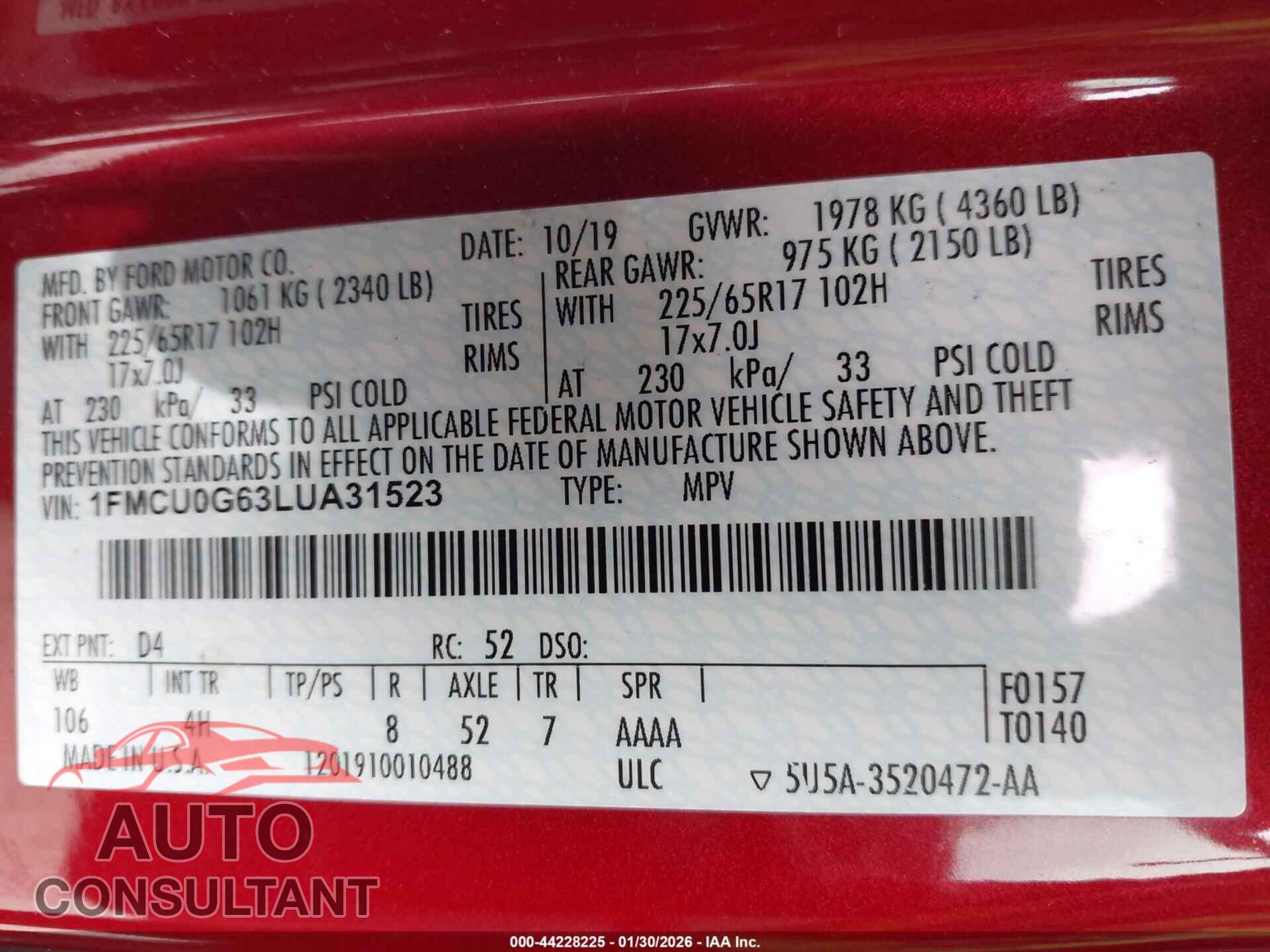 FORD ESCAPE 2020 - 1FMCU0G63LUA31523
