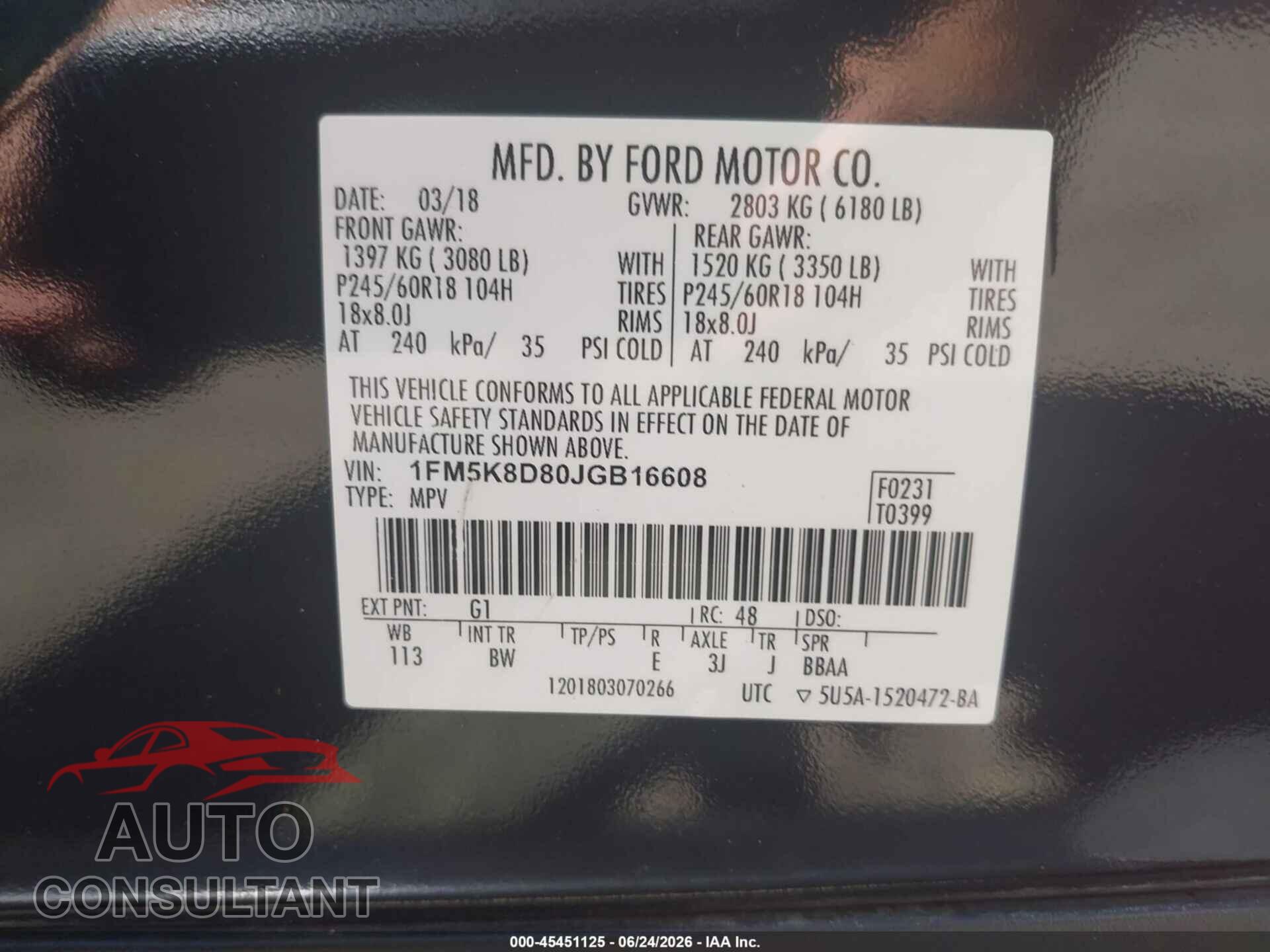 FORD EXPLORER 2018 - 1FM5K8D80JGB16608