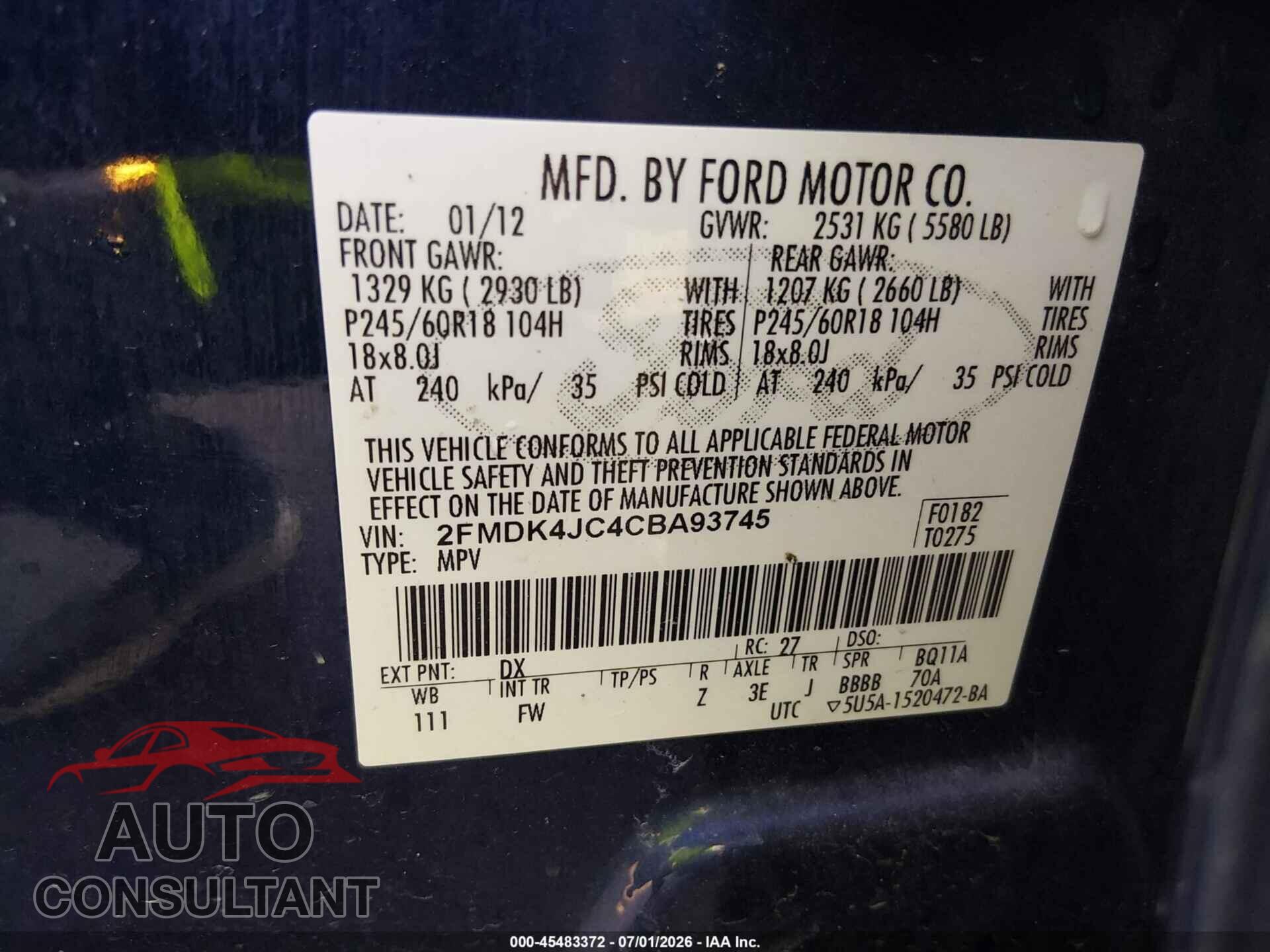 FORD EDGE 2012 - 2FMDK4JC4CBA93745