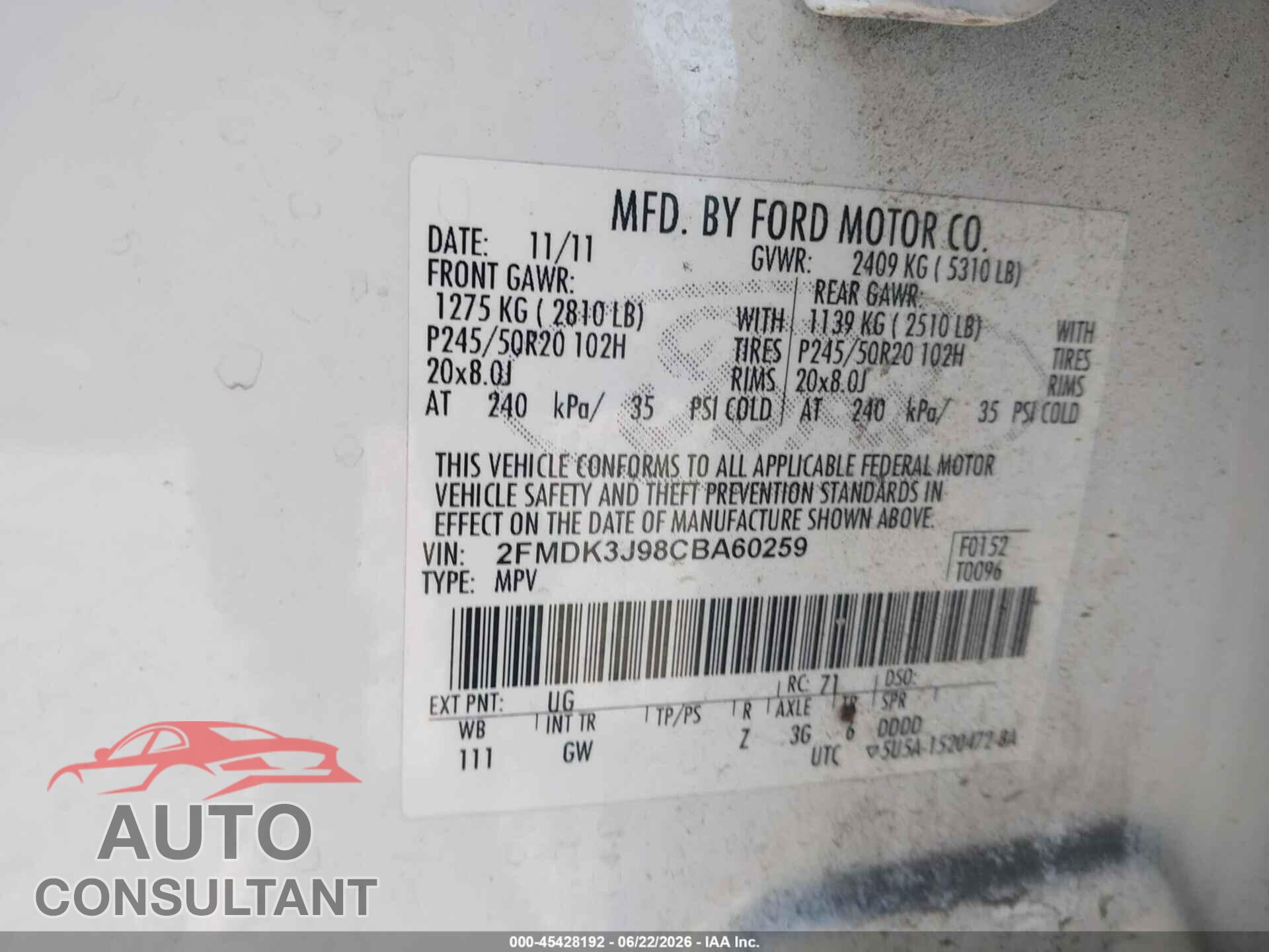 FORD EDGE 2012 - 2FMDK3J98CBA60259