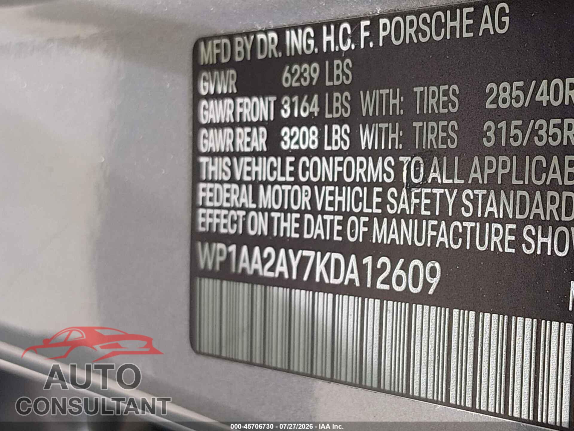 PORSCHE CAYENNE 2019 - WP1AA2AY7KDA12609