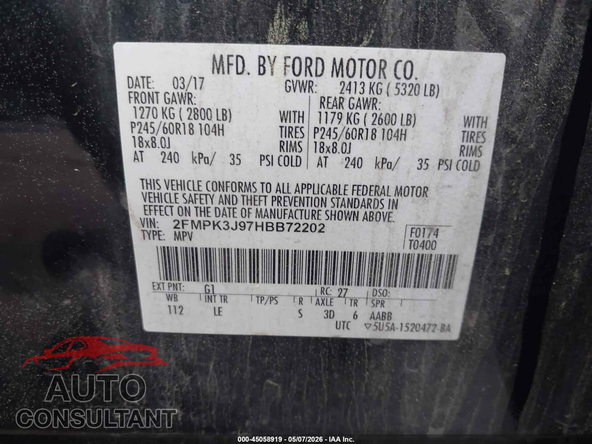 FORD EDGE 2017 - 2FMPK3J97HBB72202