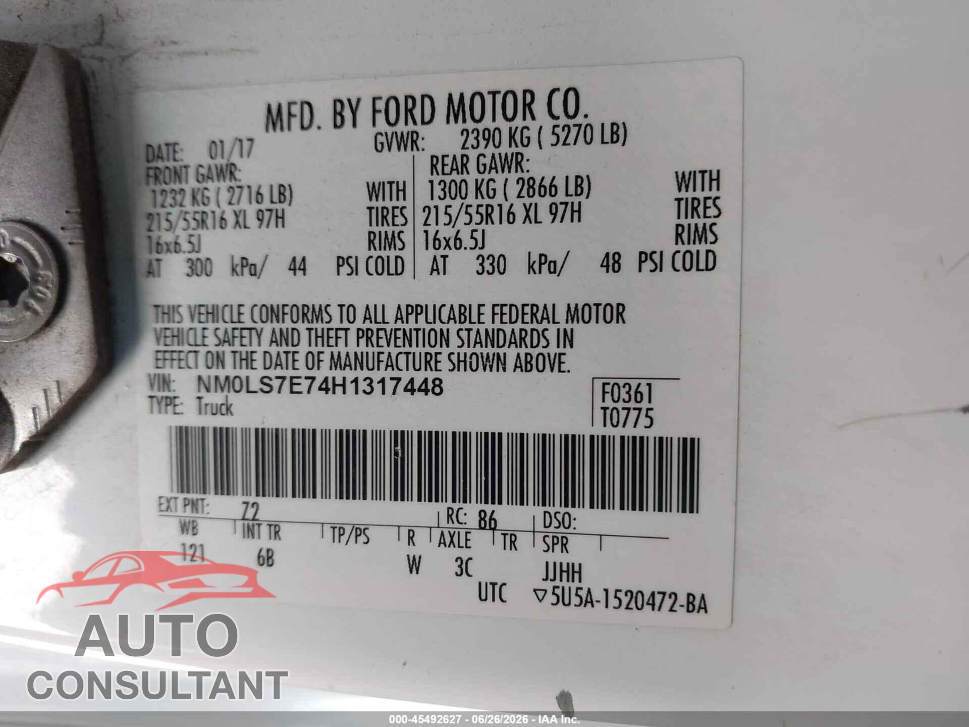 FORD TRANSIT CONNECT 2017 - NM0LS7E74H1317448