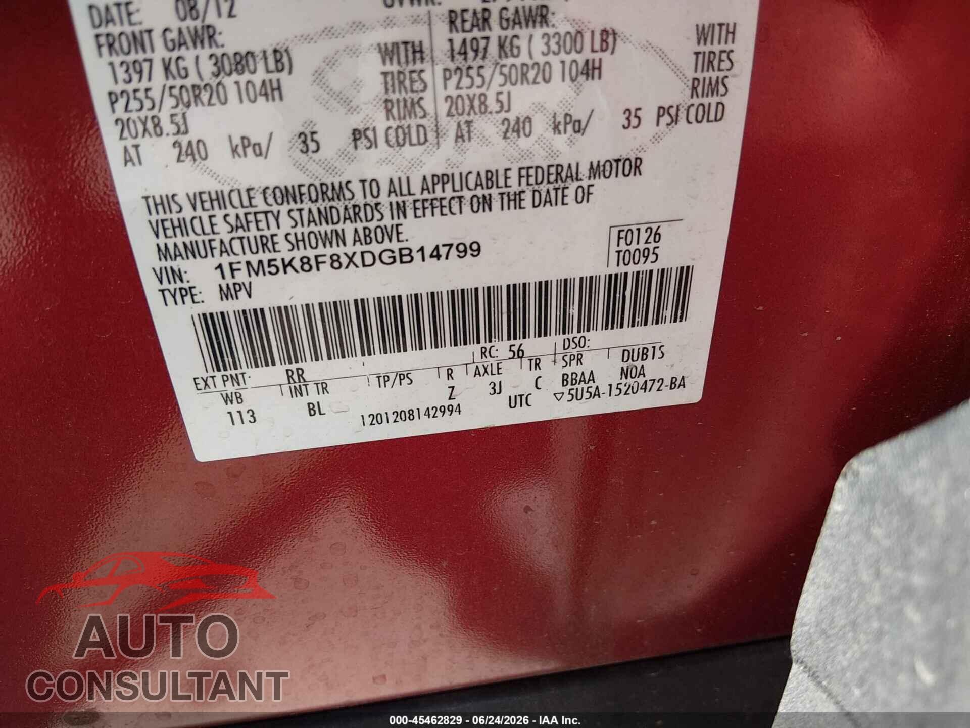 FORD EXPLORER 2013 - 1FM5K8F8XDGB14799