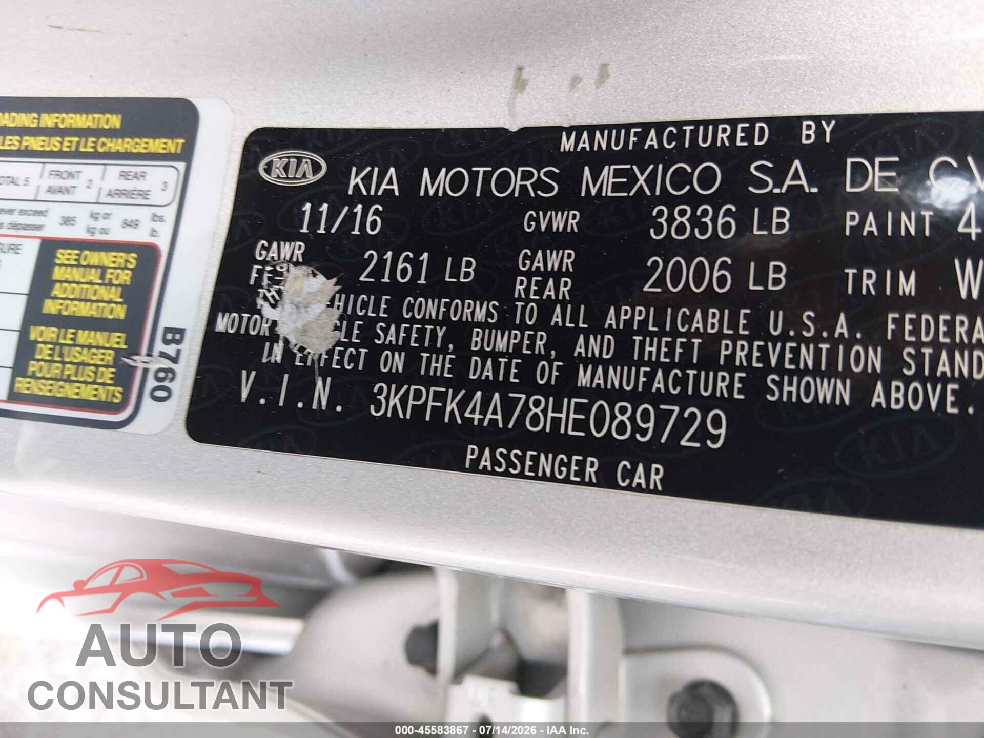 KIA FORTE 2017 - 3KPFK4A78HE089729
