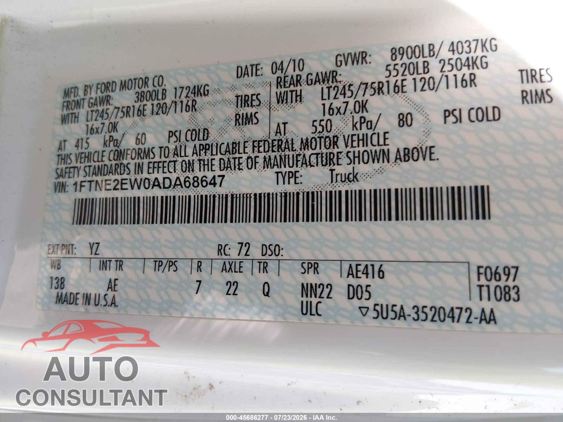 FORD E-250 2010 - 1FTNE2EW0ADA68647