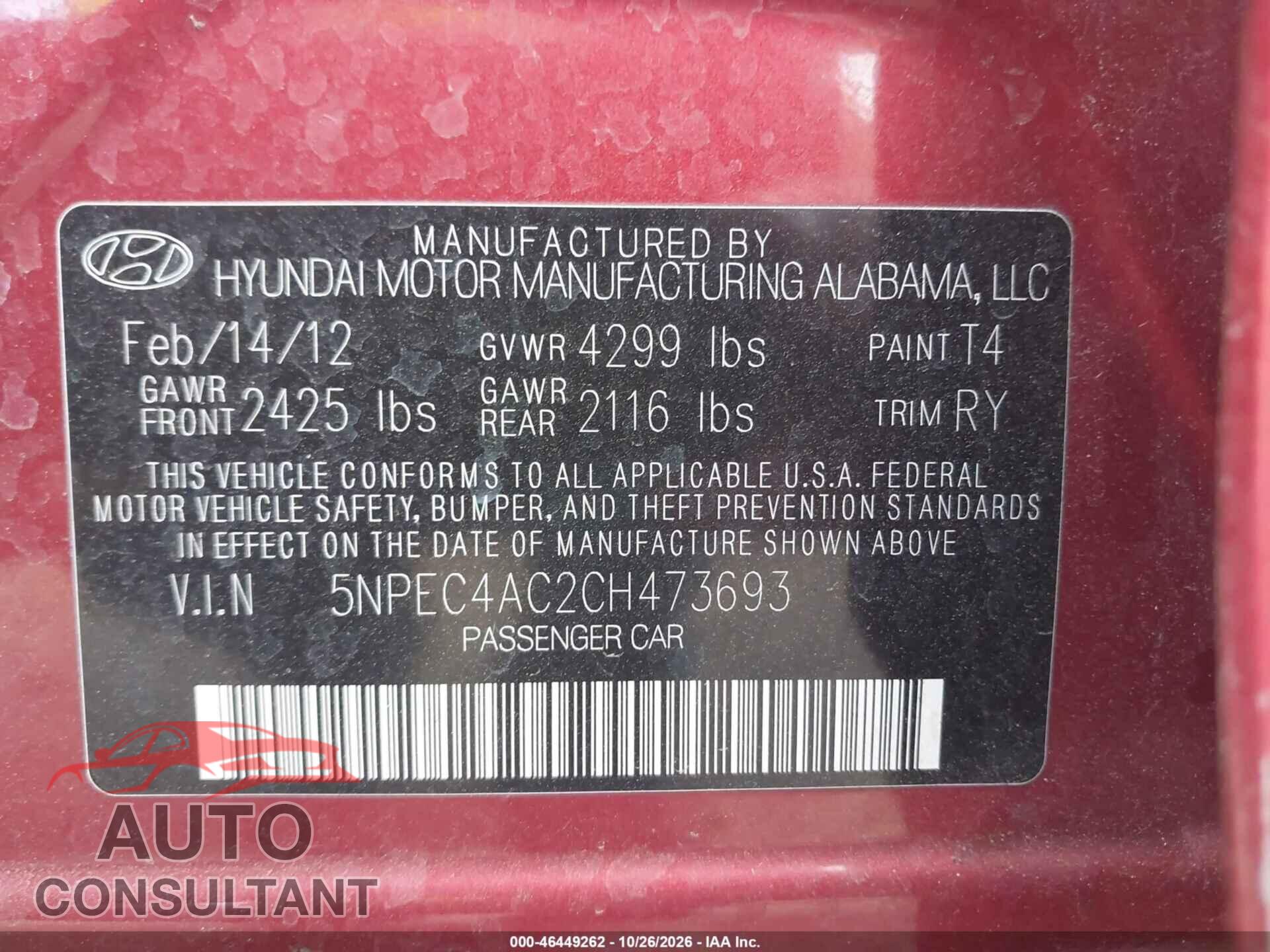 HYUNDAI SONATA 2012 - 5NPEC4AC2CH473693