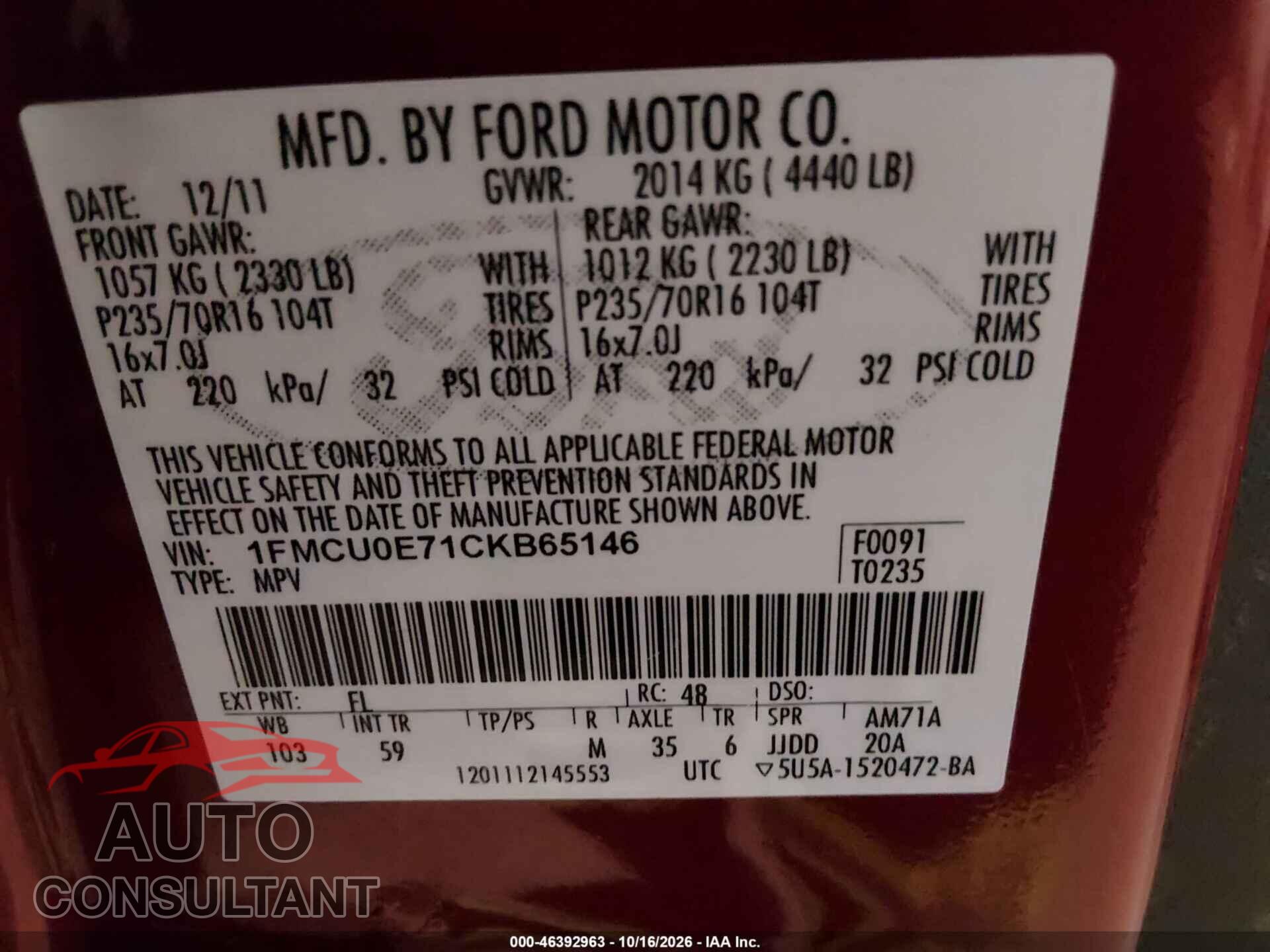 FORD ESCAPE 2012 - 1FMCU0E71CKB65146
