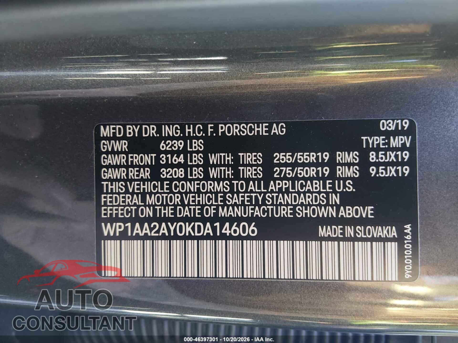 PORSCHE CAYENNE 2019 - WP1AA2AY0KDA14606