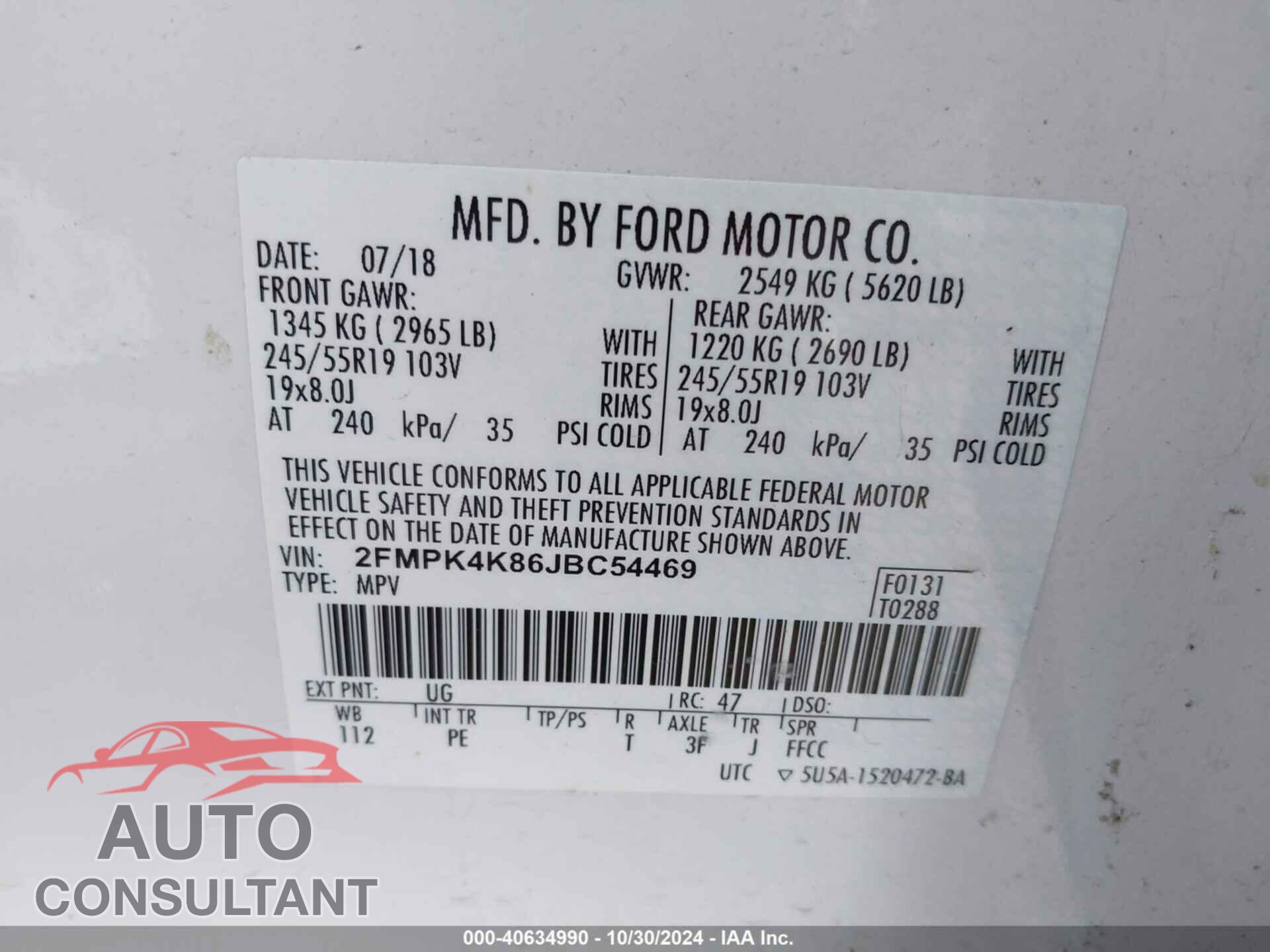 FORD EDGE 2018 - 2FMPK4K86JBC54469