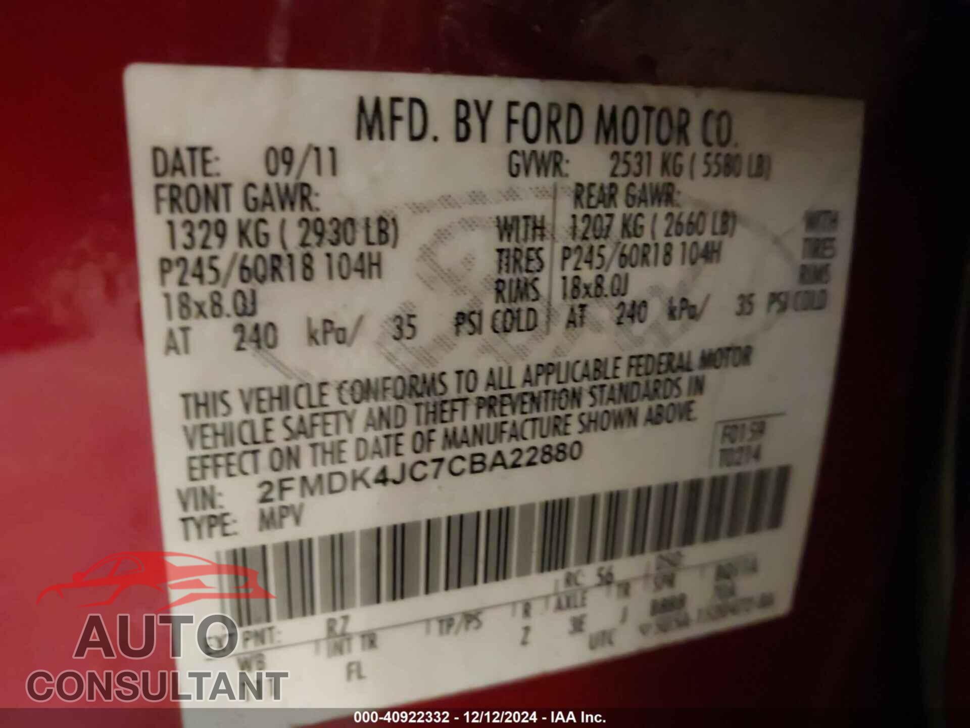 FORD EDGE 2012 - 2FMDK4JC7CBA22880