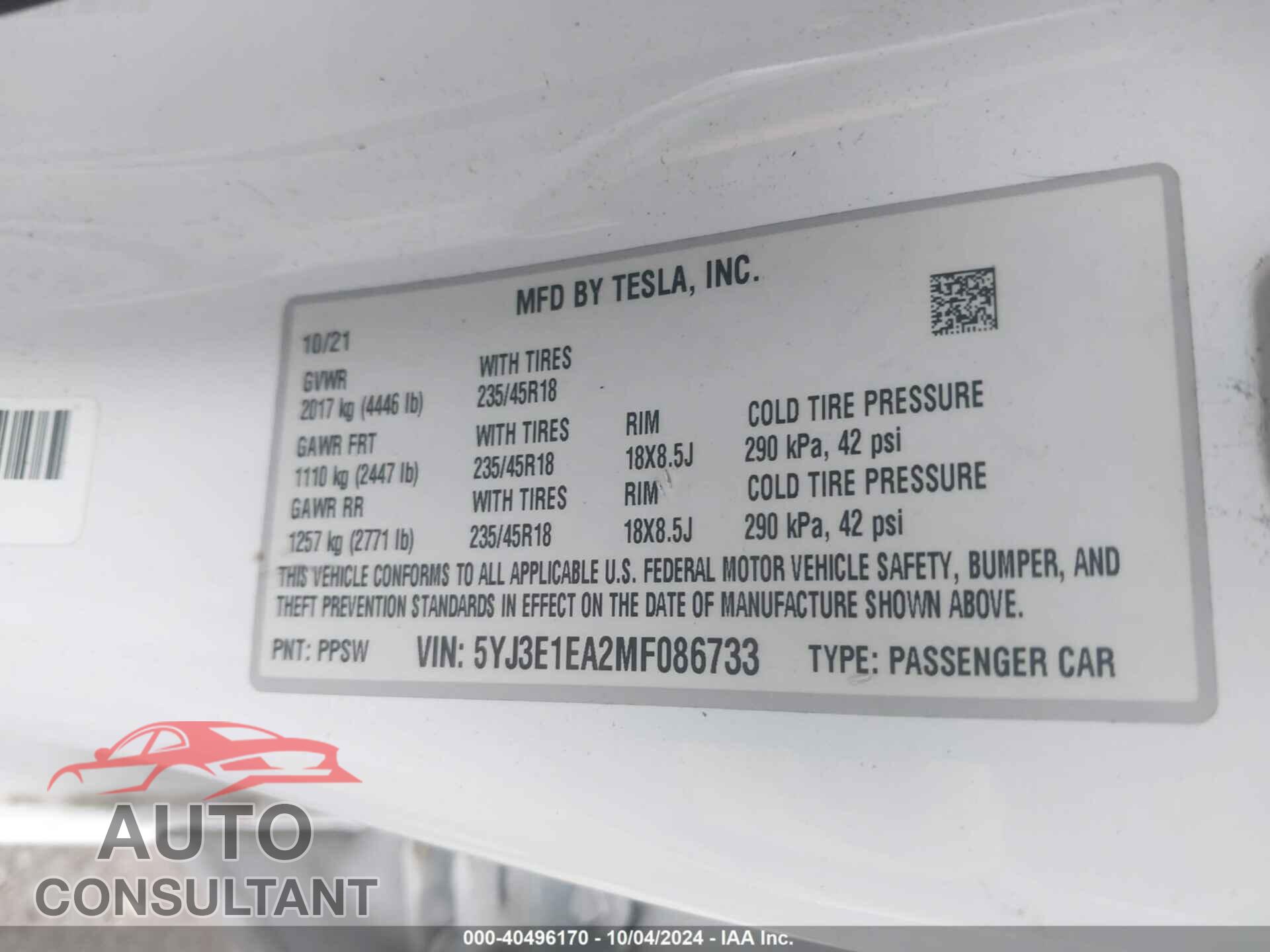 TESLA MODEL 3 2021 - 5YJ3E1EA2MF086733