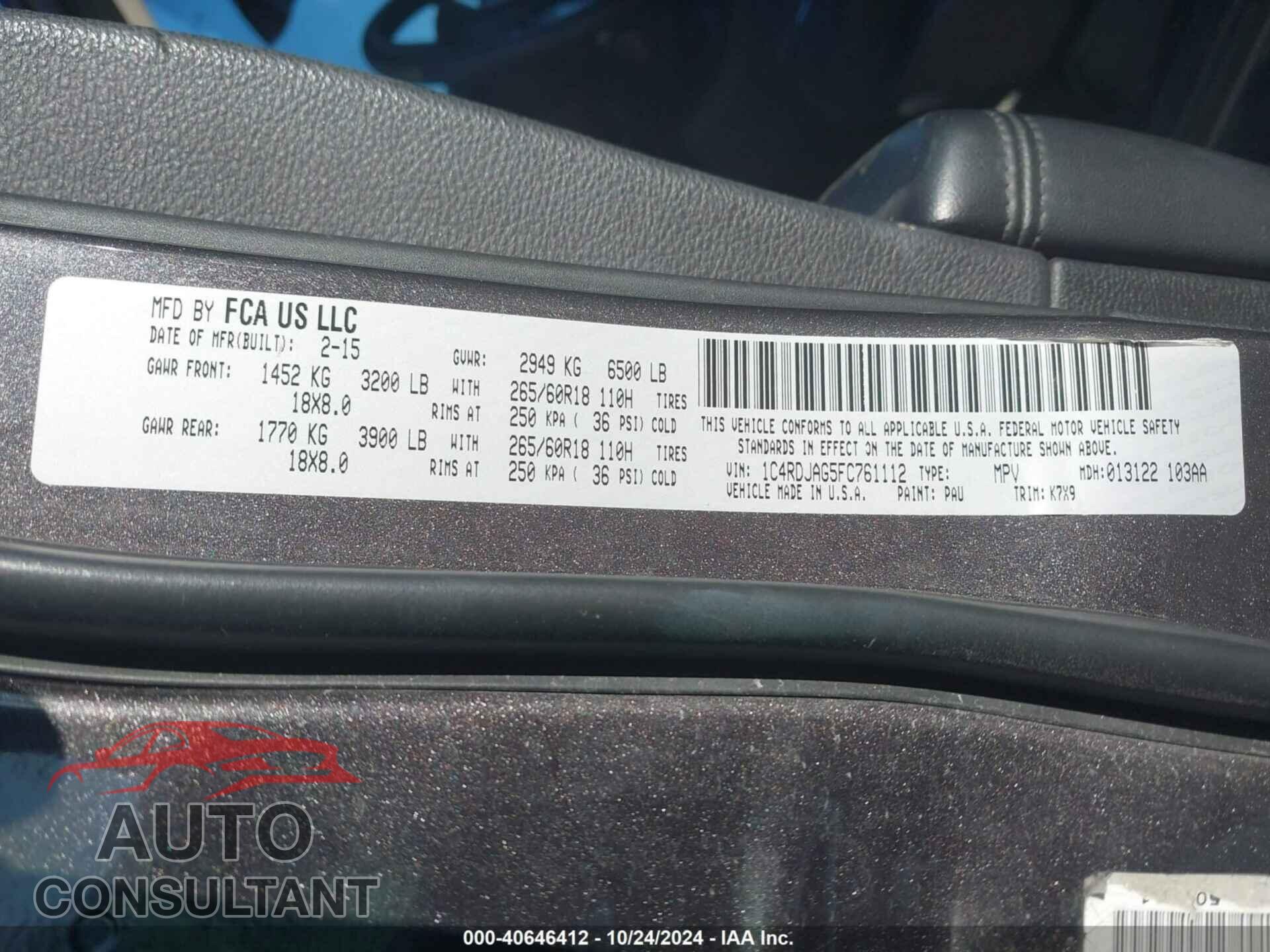 DODGE DURANGO 2015 - 1C4RDJAG5FC761112