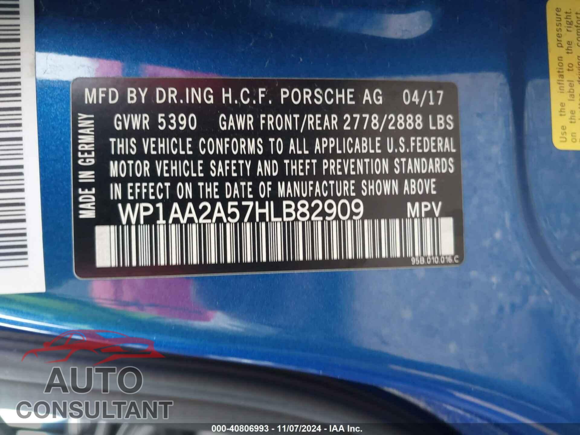 PORSCHE MACAN 2017 - WP1AA2A57HLB82909