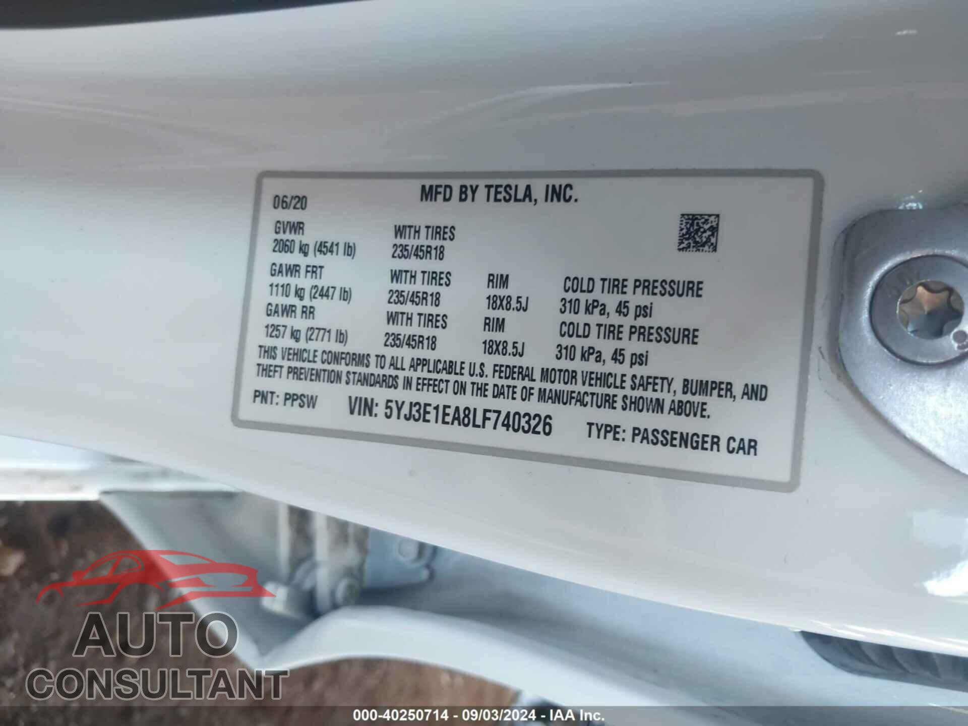 TESLA MODEL 3 2020 - 5YJ3E1EA8LF740326