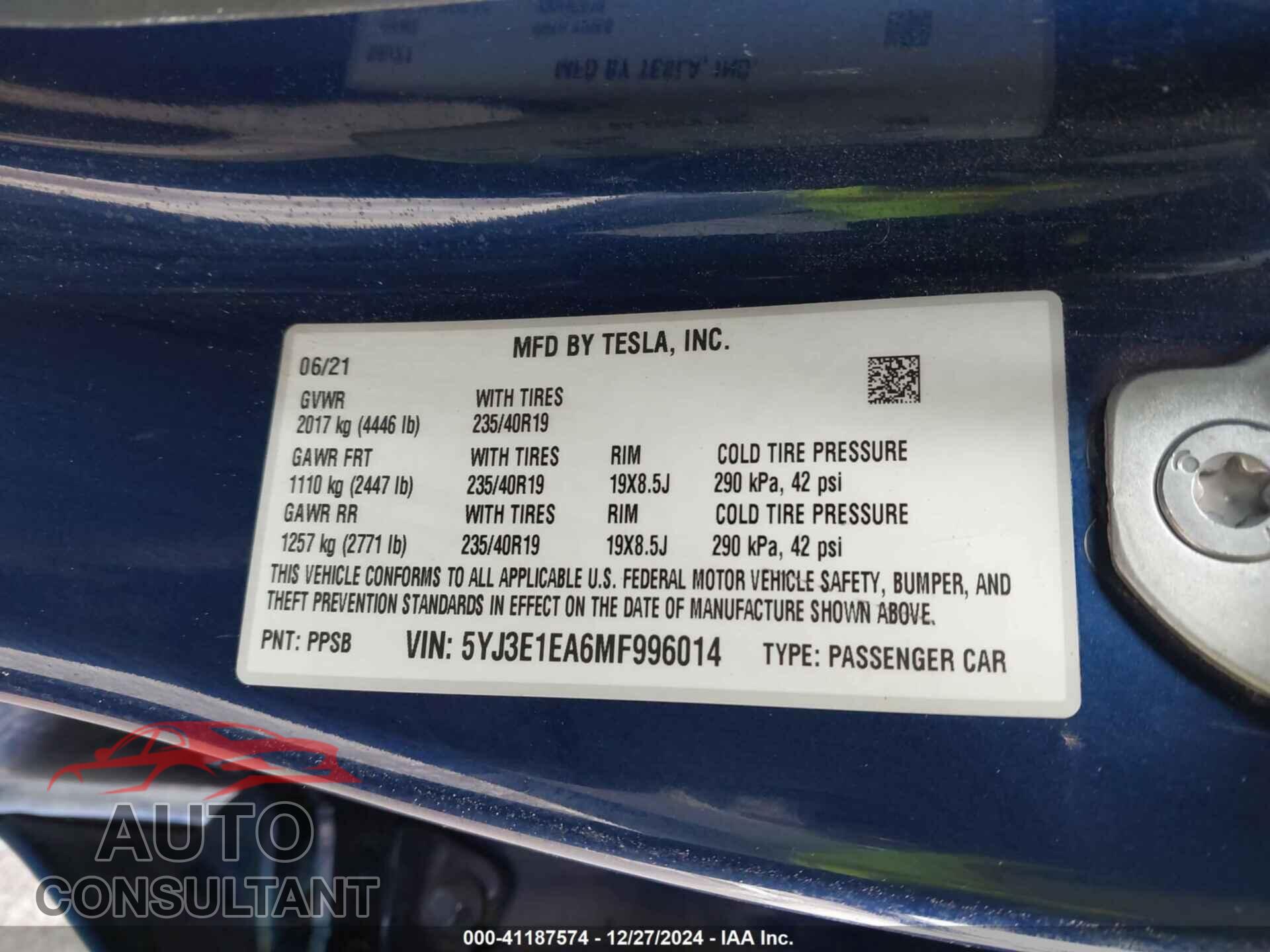 TESLA MODEL 3 2021 - 5YJ3E1EA6MF996014