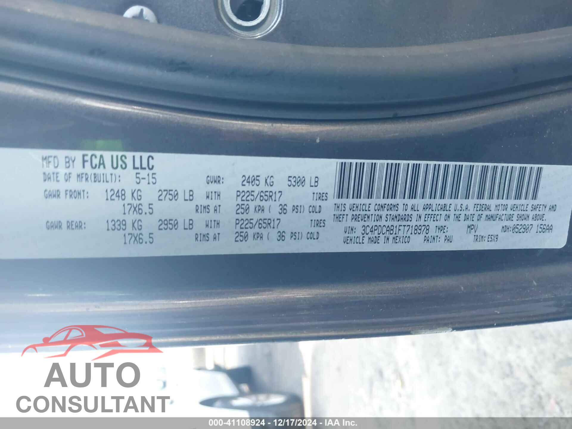 DODGE JOURNEY 2015 - 3C4PDCAB1FT718978