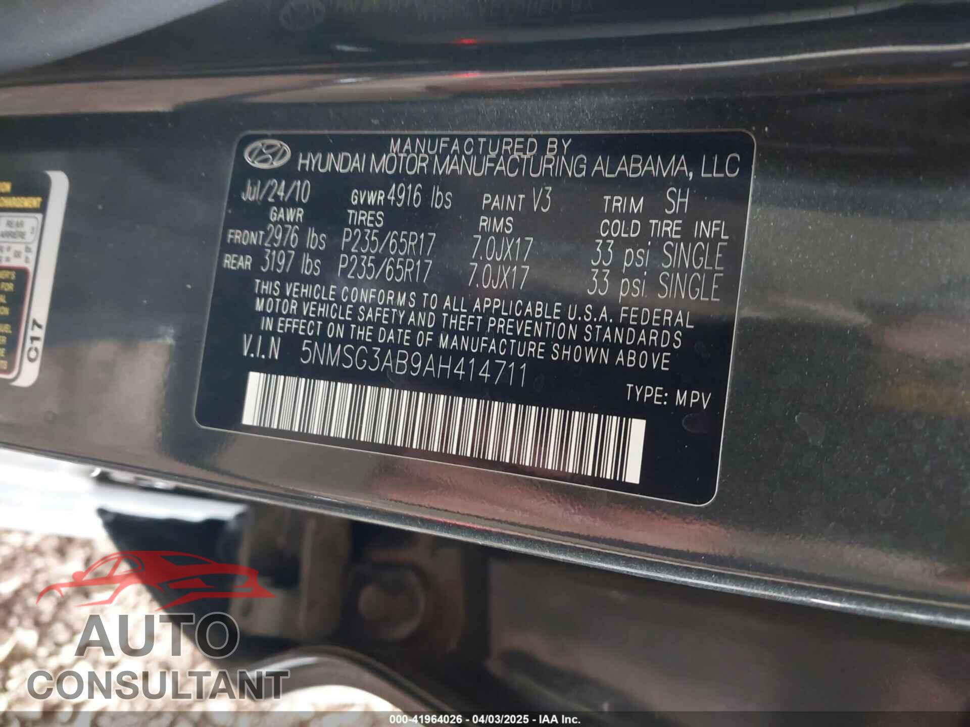 HYUNDAI SANTA FE 2010 - 5NMSG3AB9AH414711