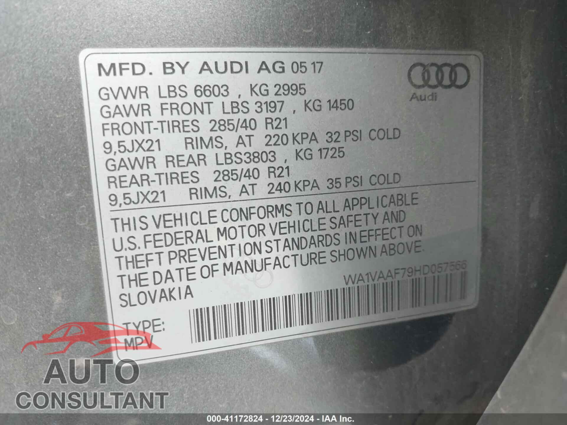 AUDI Q7 2017 - WA1VAAF79HD057566
