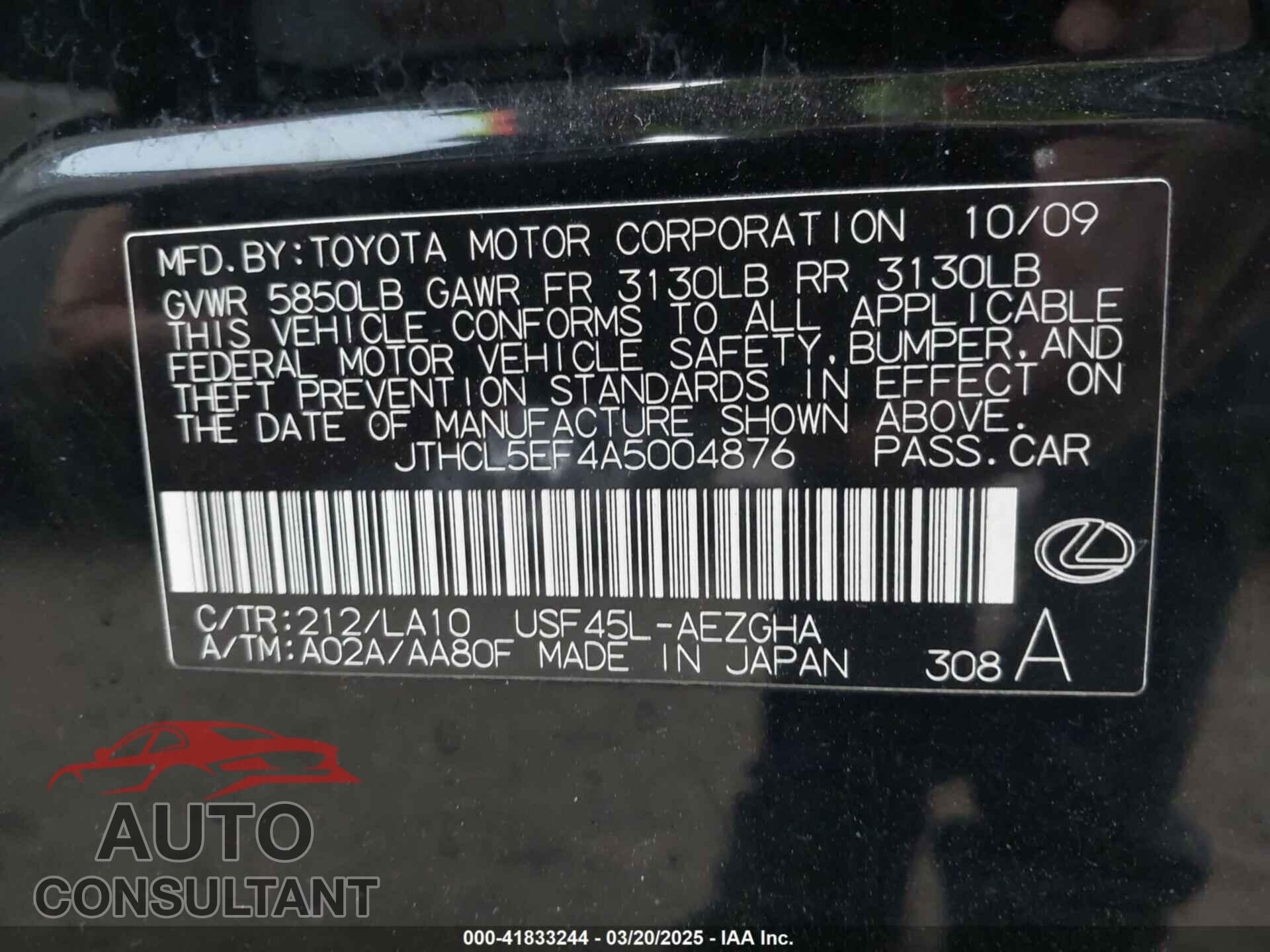 LEXUS LS 460 2010 - JTHCL5EF4A5004876