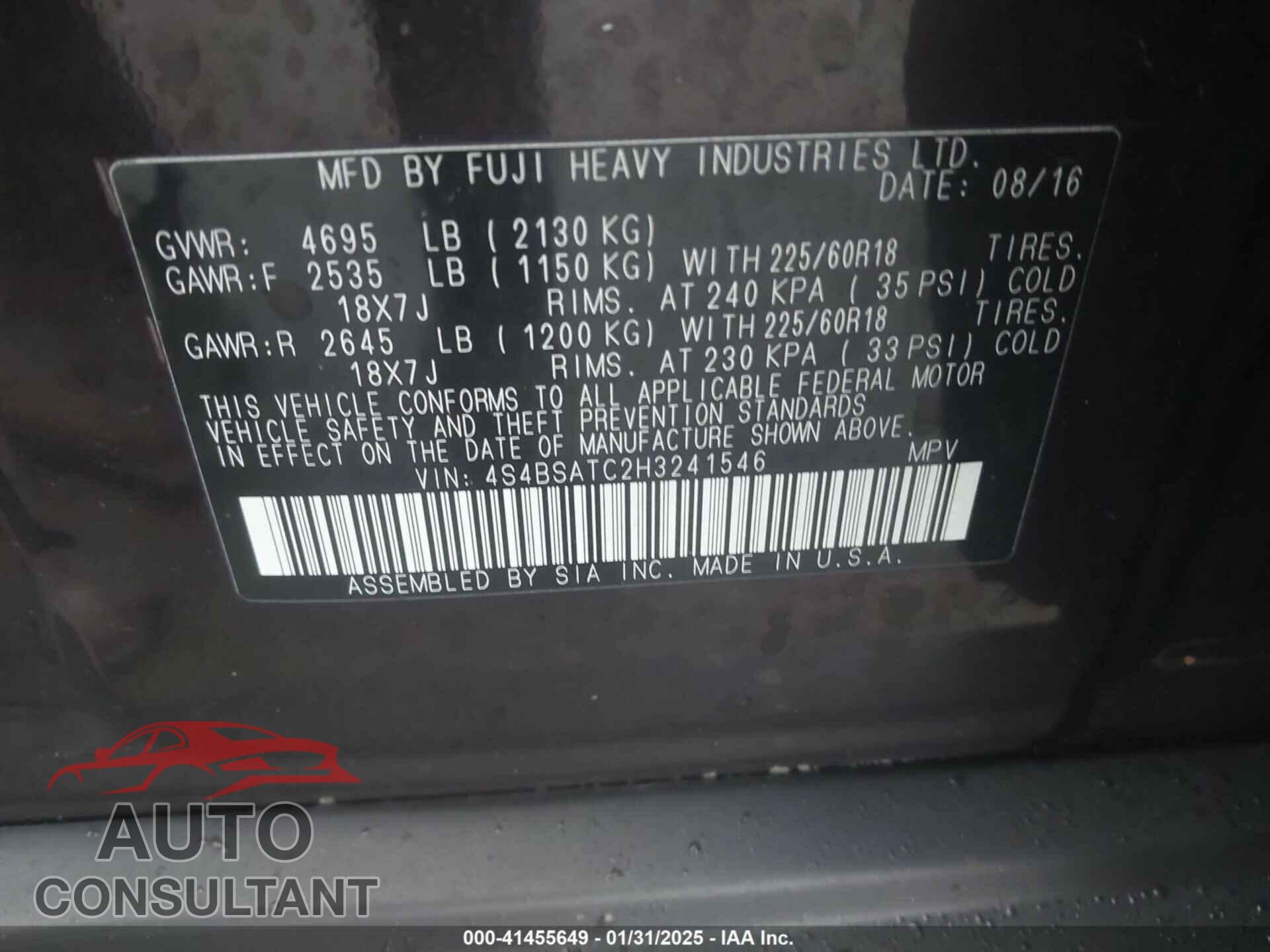 SUBARU OUTBACK 2017 - 4S4BSATC2H3241546