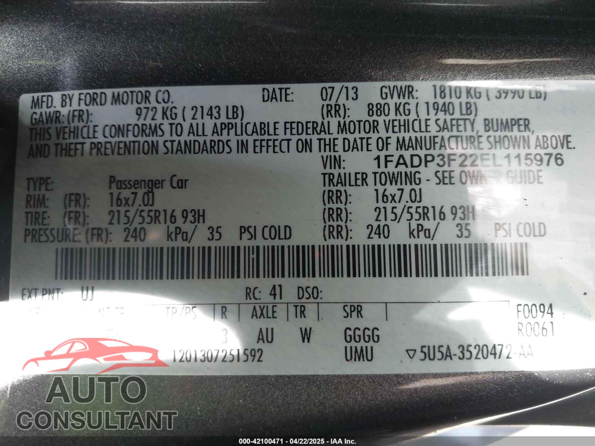 FORD FOCUS 2014 - 1FADP3F22EL115976