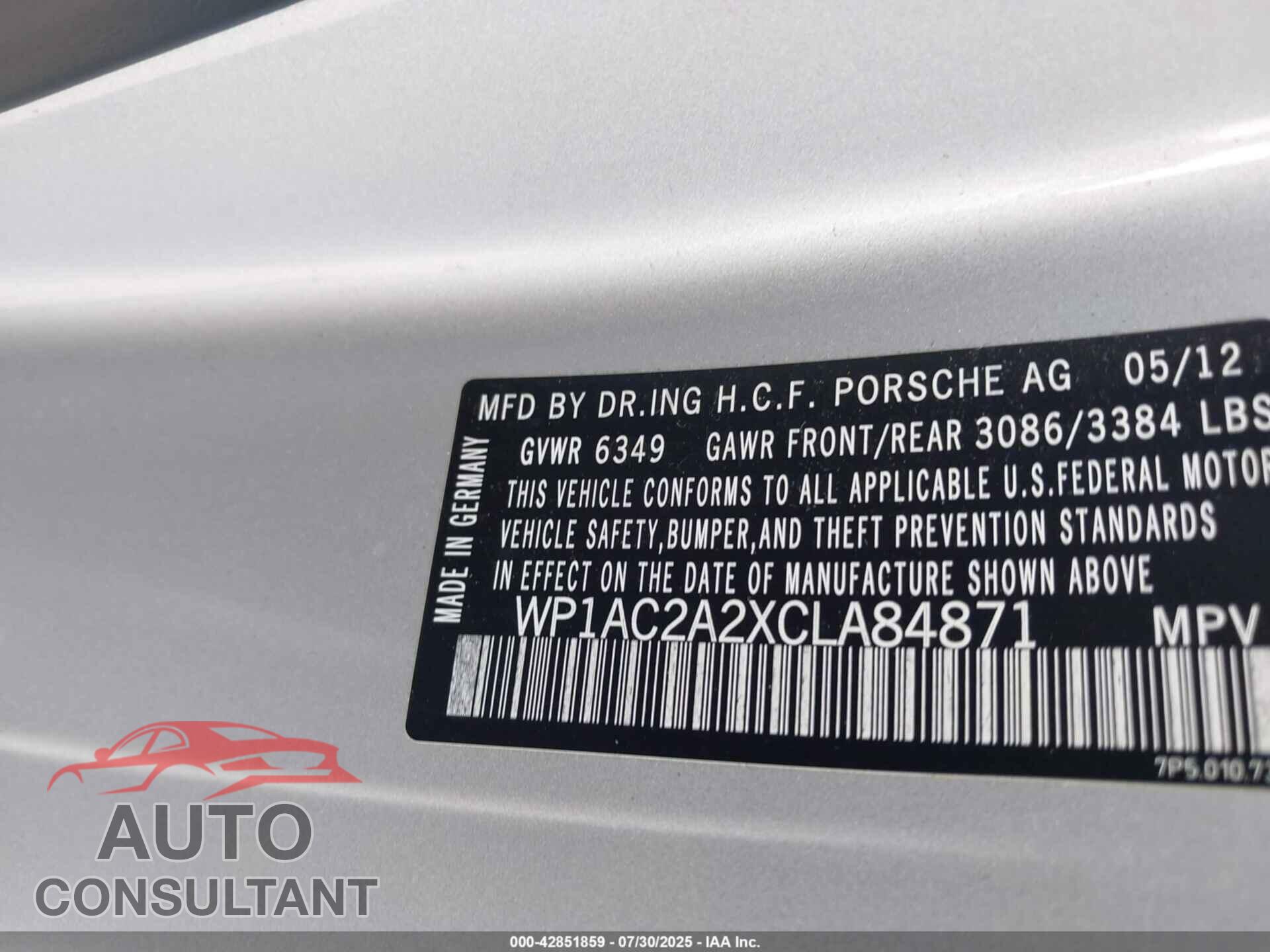 PORSCHE CAYENNE 2012 - WP1AC2A2XCLA84871