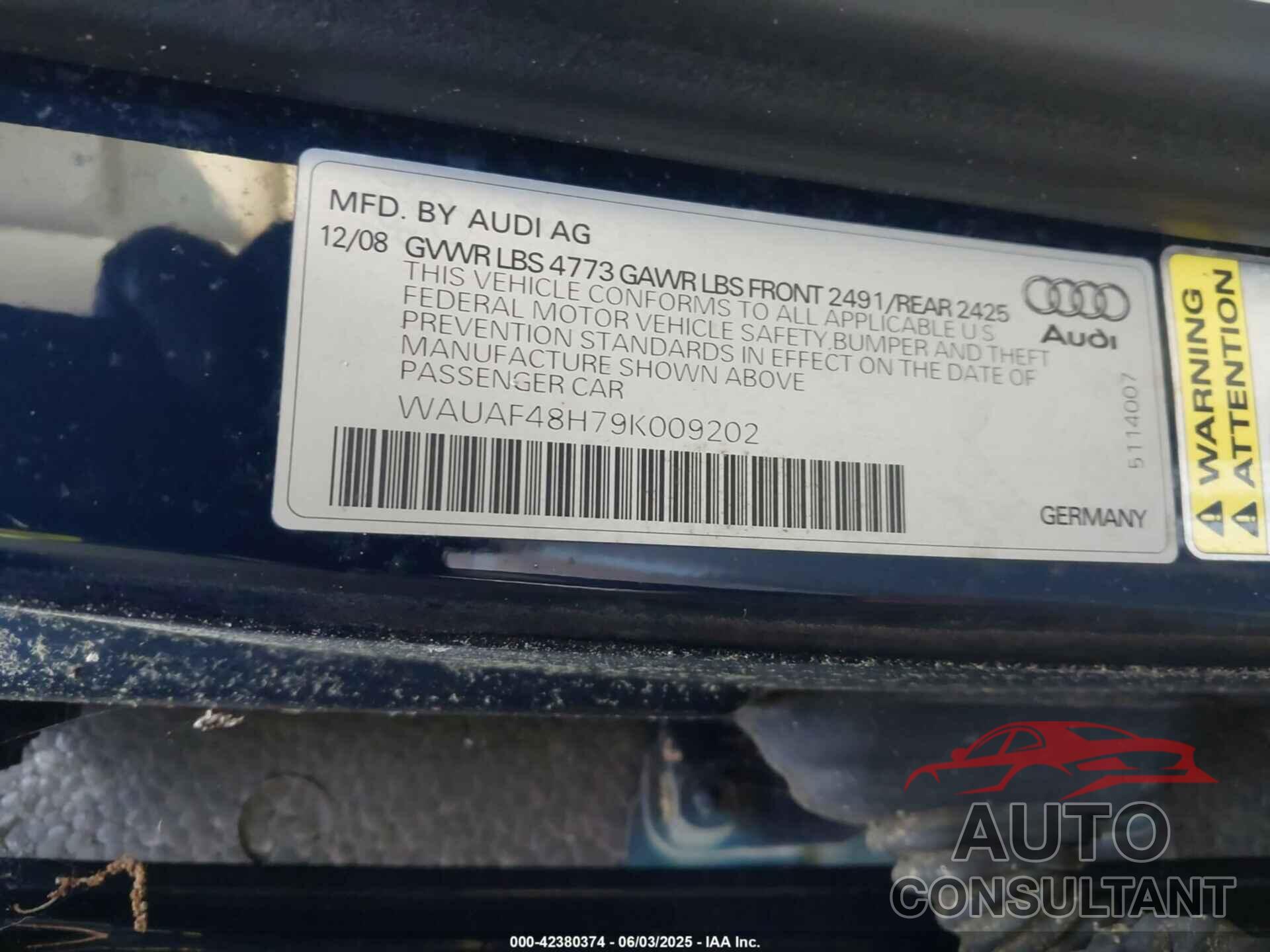 AUDI A4 2009 - WAUAF48H79K009202