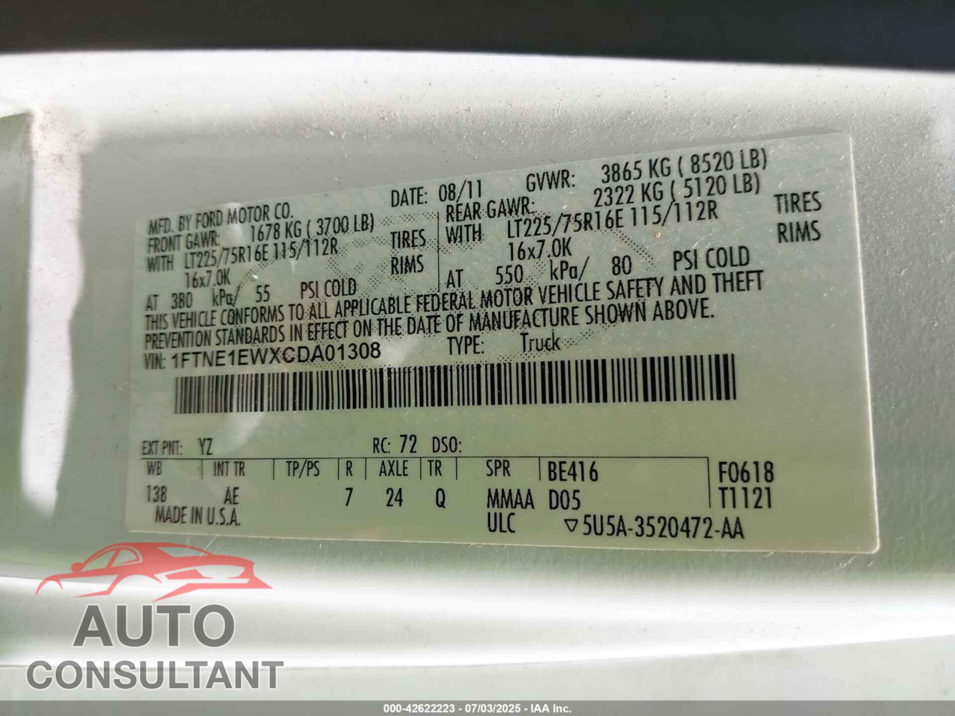 FORD E-150 2012 - 1FTNE1EWXCDA01308