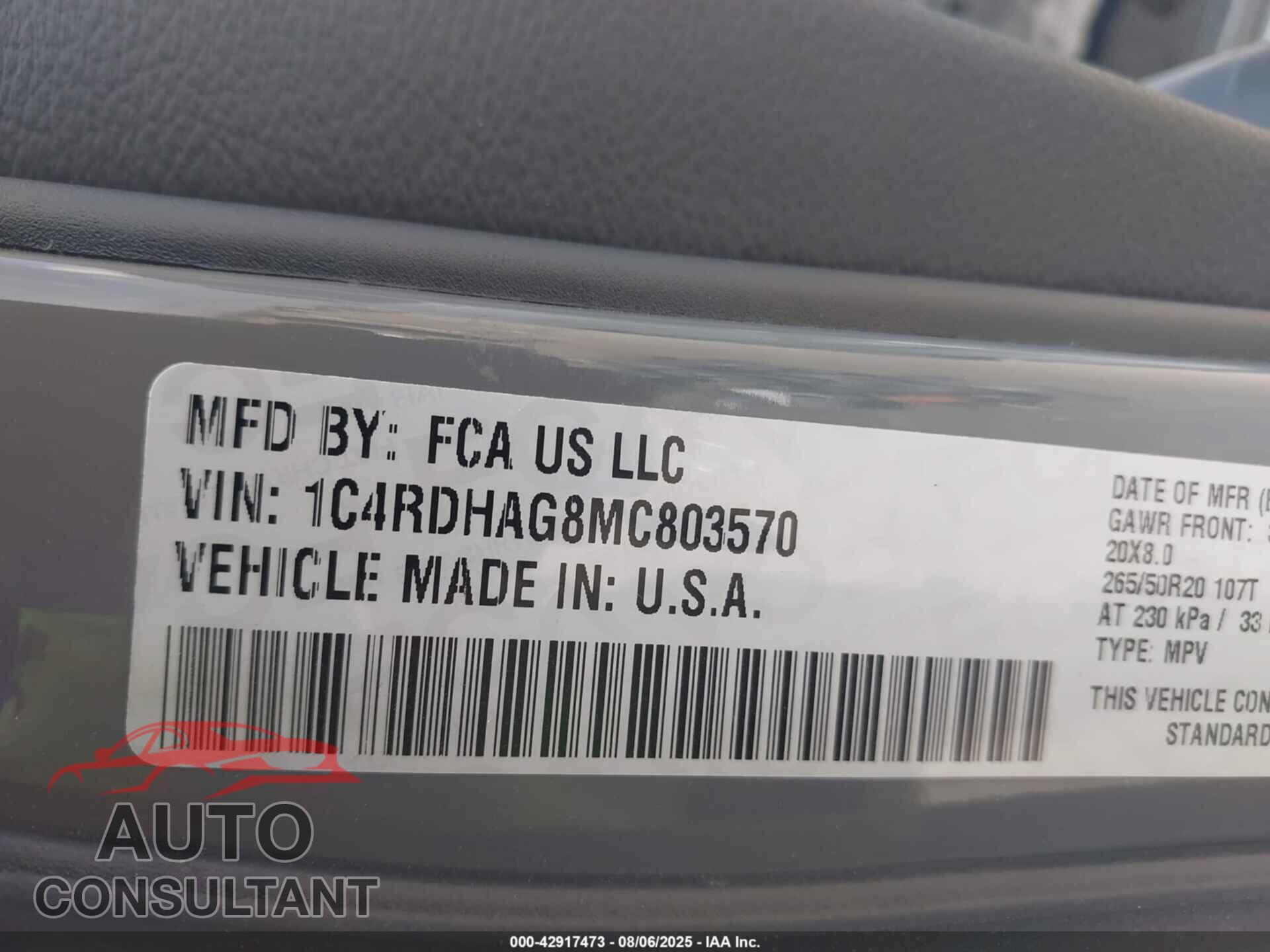 DODGE DURANGO 2021 - 1C4RDHAG8MC803570