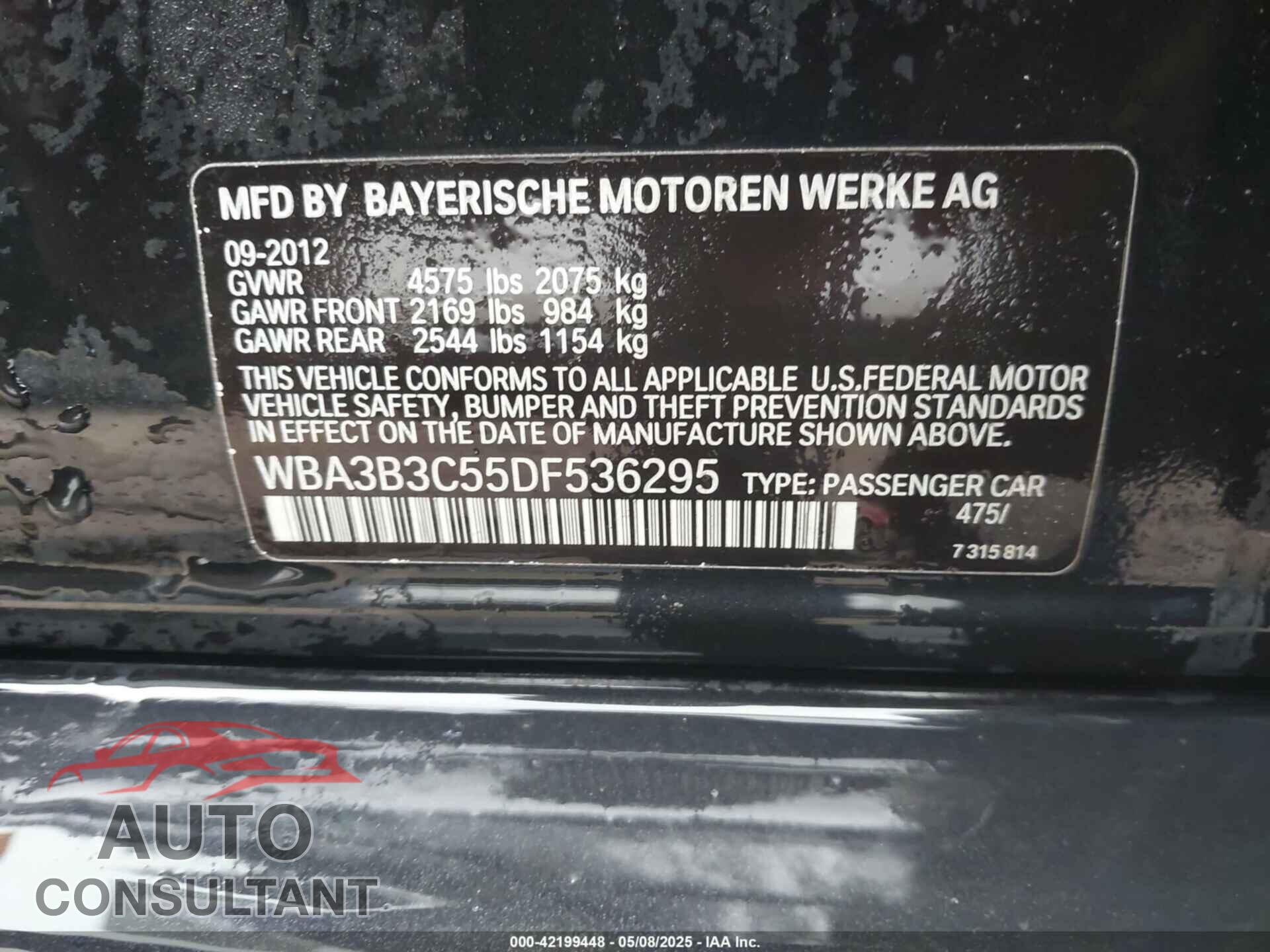 BMW 3 SERIES 2013 - WBA3B3C55DF536295