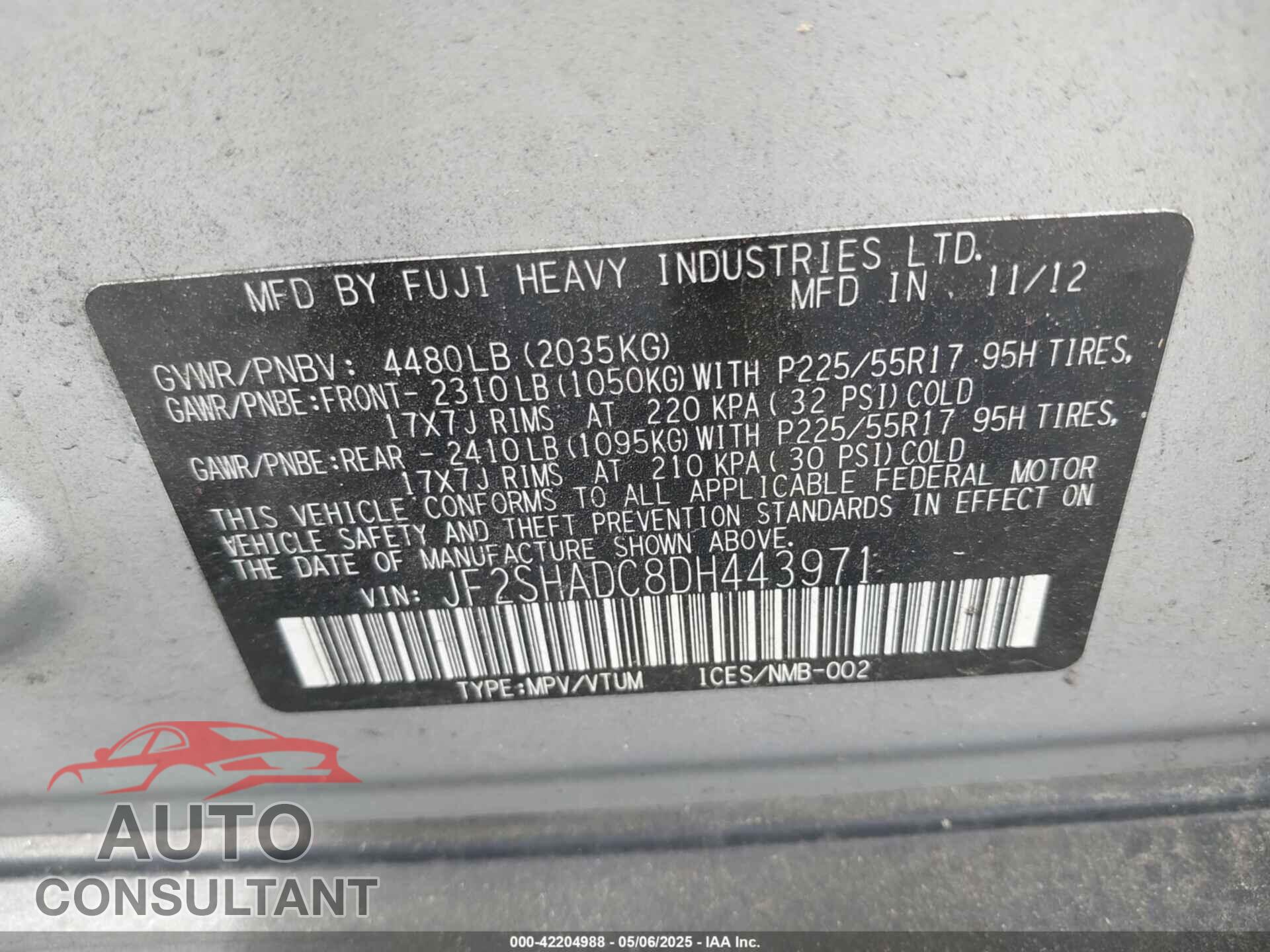 SUBARU FORESTER 2013 - JF2SHADC8DH443971